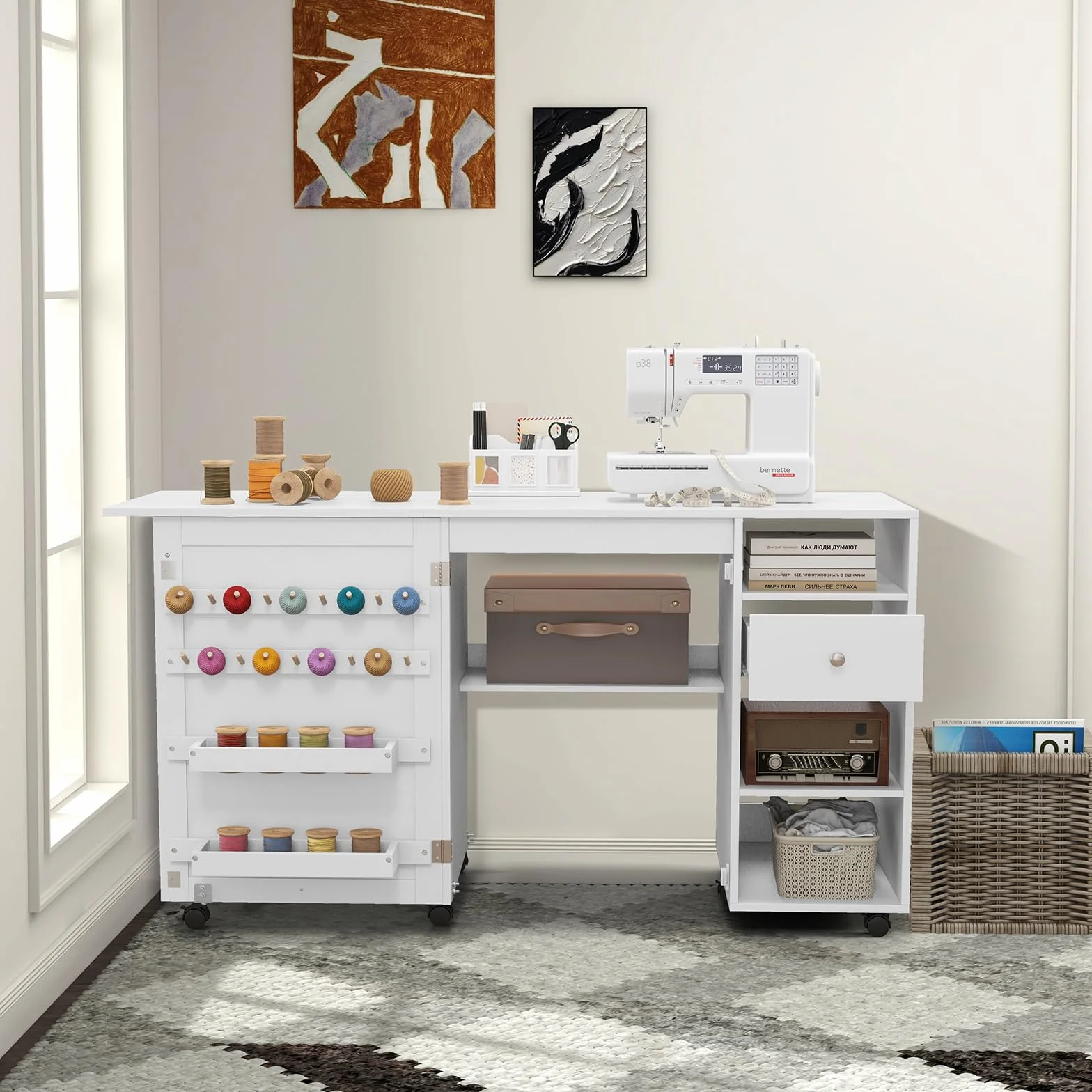 RELAX4LIFE Tavolo da Cucito Pieghevole su Ruote con Ripiani e Cassetto