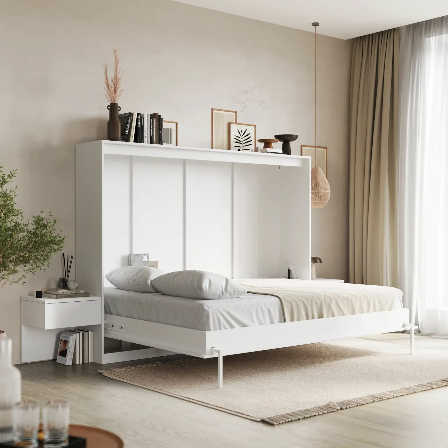 SMARTBett Set Letto a Scomparsa Classico Orizzontale 160x200 con 2 Comodini Bianchi