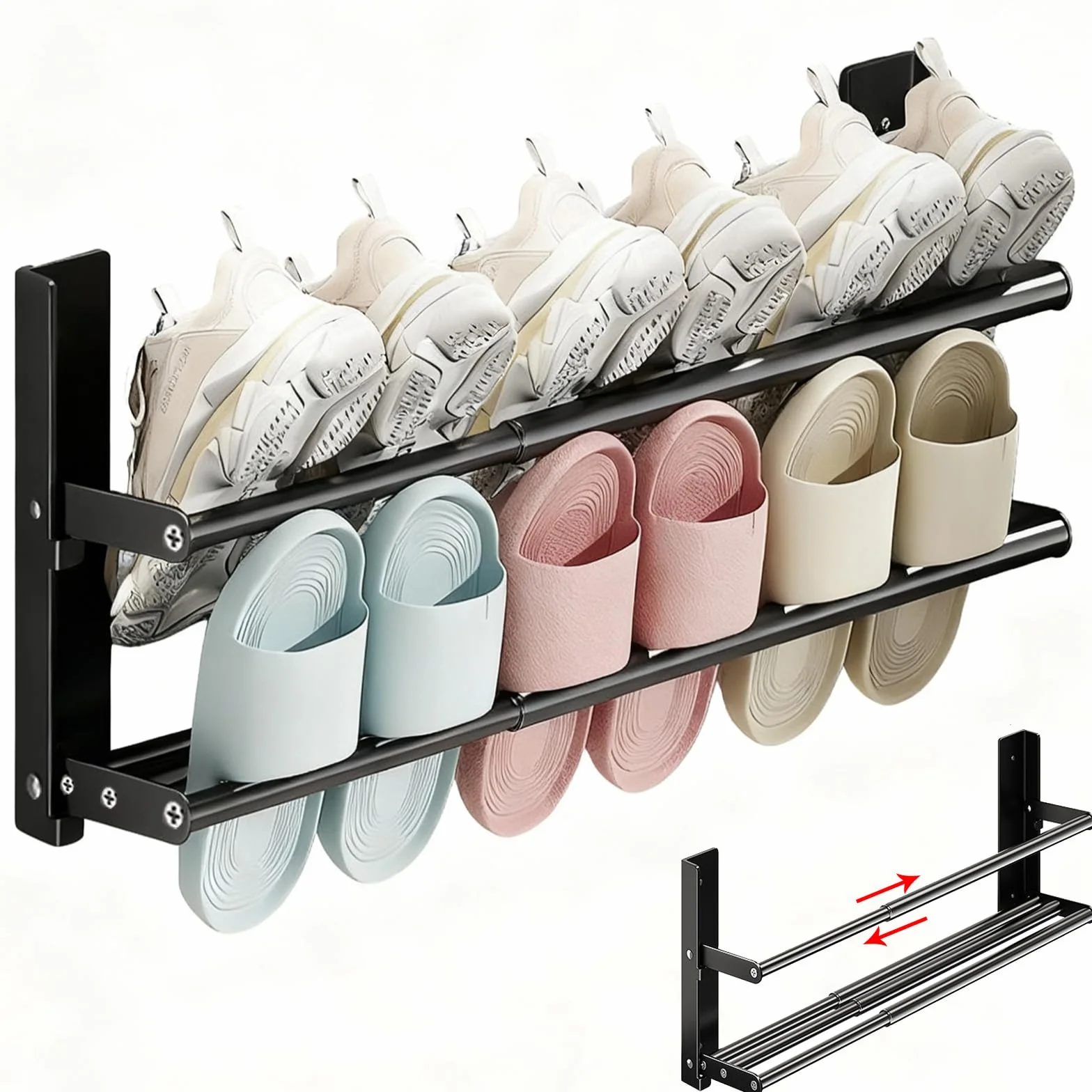 Porta Scarpe da Appendere, Scarpiera Pieghevole in Metallo, Scarpiera da Parete 2 Livelli per 6 Paia, Allungabile 37-67cm, Portascarpe Salvaspazio per porta, Camper, Bagno, Nero