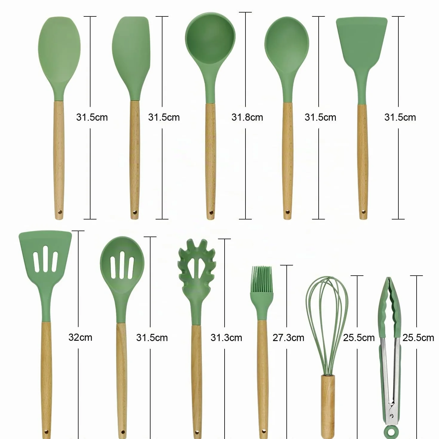 Set di 13 utensili da cucina in silicone resistente al calore con vassoio e manico in legno - Verde Avocado