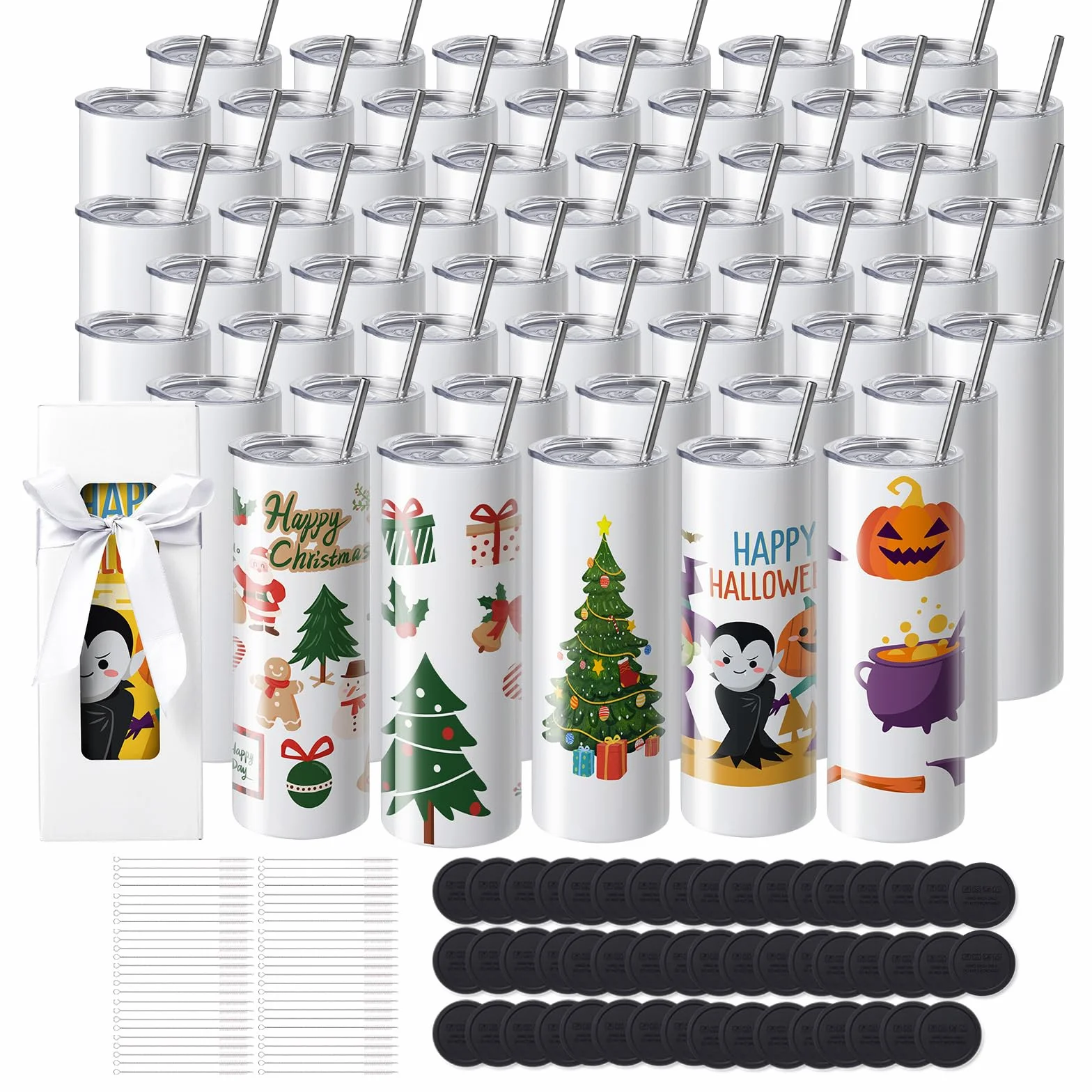 VEVOR Confezione da 50 Bicchieri per Sublimazione, Bicchiere Vuoto da 20 oz, Bicchieri a Doppia Parete in Acciaio Inossidabile con Cannuccia, Coperchio, Pennello, Base, Pellicola termoretraibile