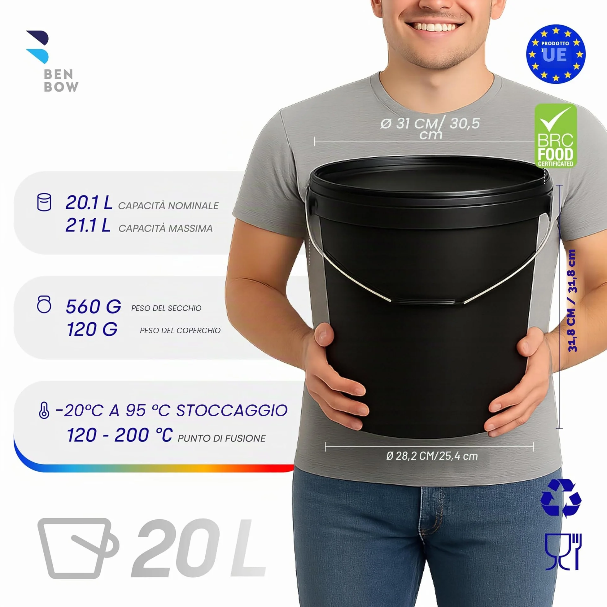 BenBow Secchio con coperchio 20l nero 1x 20 litri - sicuro per gli alimenti, stabile, ermetico, a prova di perdite - contenitore per la conservazione in plastica, con manico in metallo - vuoto