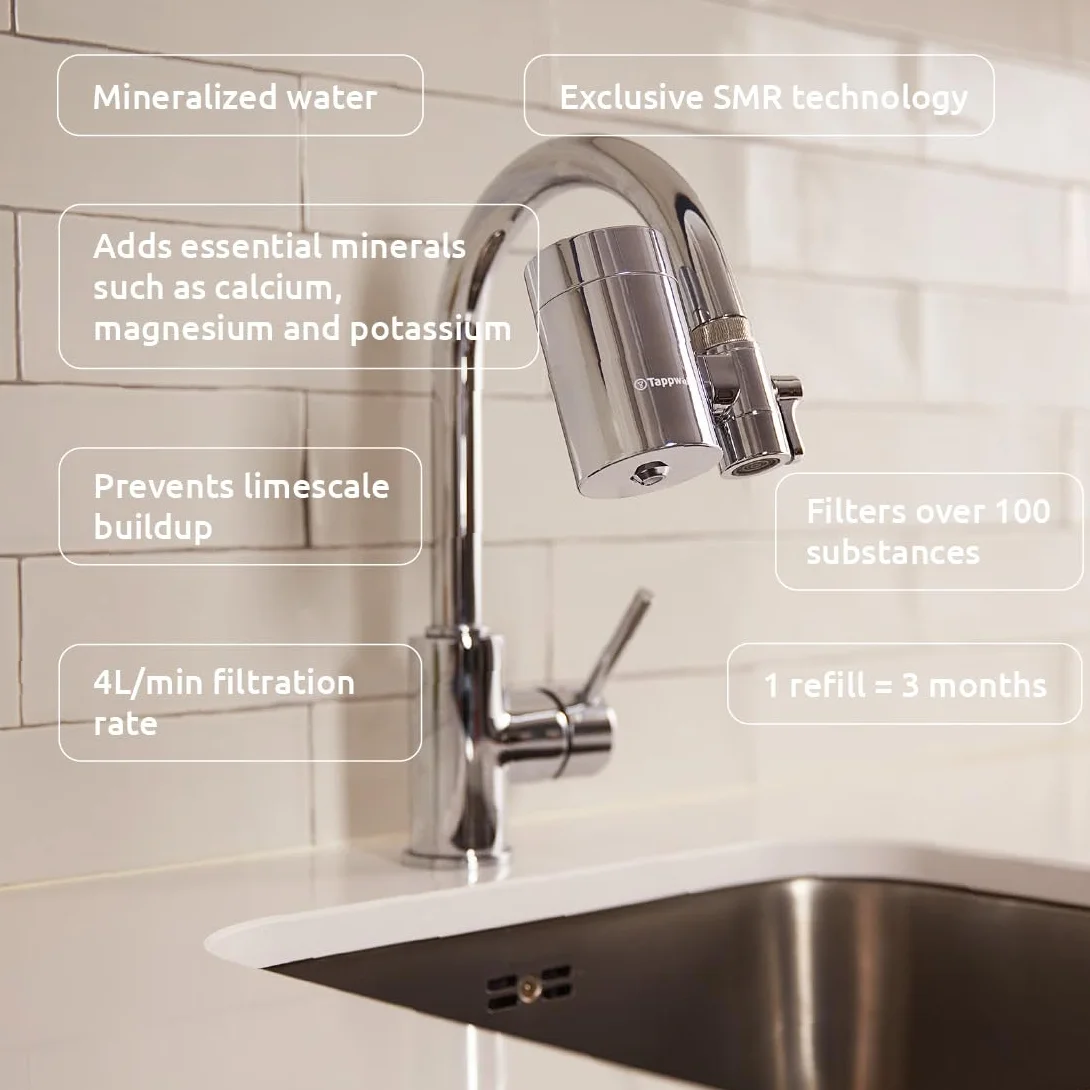 Tappwater EcoPro SMR - Filtro acqua rubinetto a 6 stadi e Swedish Mineral Rock. Filtra + 100 sostanze e aggiunge minerali essenziali per un'acqua pura e sana. Tecnologia esclusiva. Pack annuale