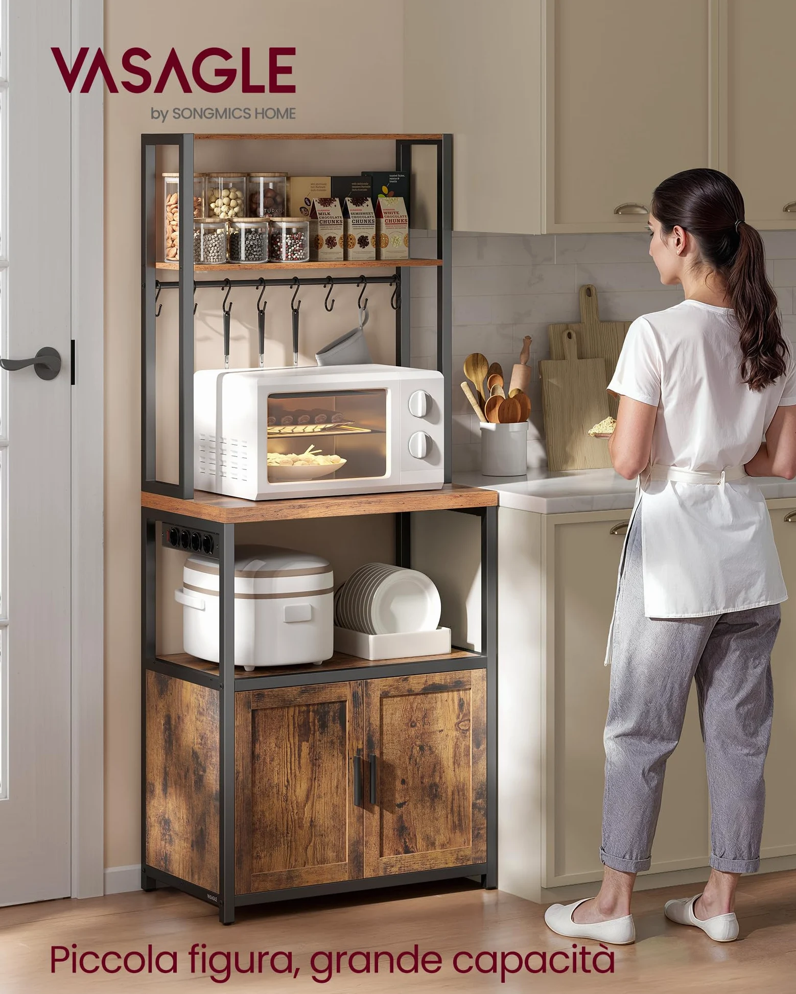 VASAGLE Scaffale Cucina con Prese, con Piano Alto 90 cm, Scaffale per Microonde con 8 Ganci, 40 x 60 x 170 cm, Marrone Vintage e Nero Inchiostro KKS058K02