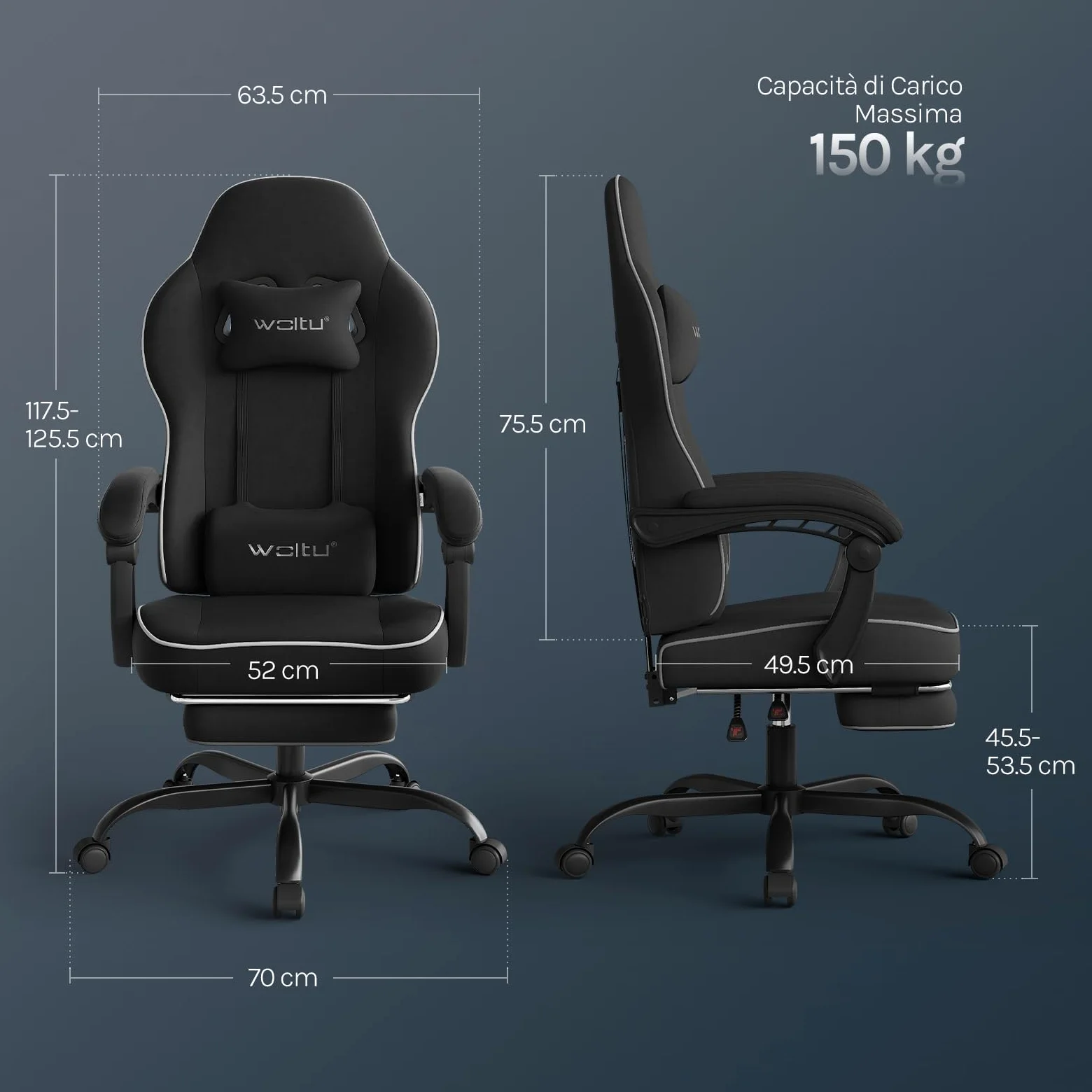 WOLTU Sedia Gaming, Ampia Sedia da Ufficio Ergonomica Imbottita con Cuscino a Molla, Alta Capacità di Carico, Poltrona per Computer con Schienale Alto e Poggiapiedi, Tessuto Tecnologico, Nero, GS10sz