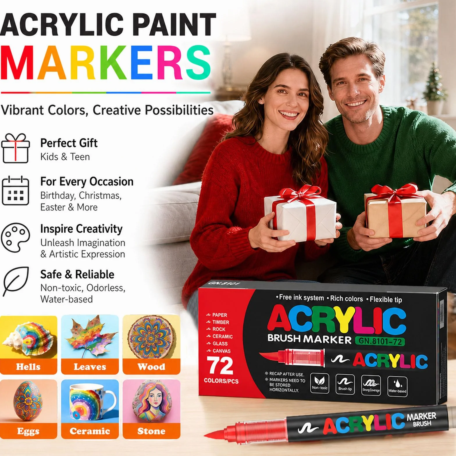 Pennarelli Acrilici a Punta a Pennello, Set 72 Marker Acrilici Impermeabili per Sassi Vetro Ceramica Legno Tessuto, Colori Asciugatura Rapida