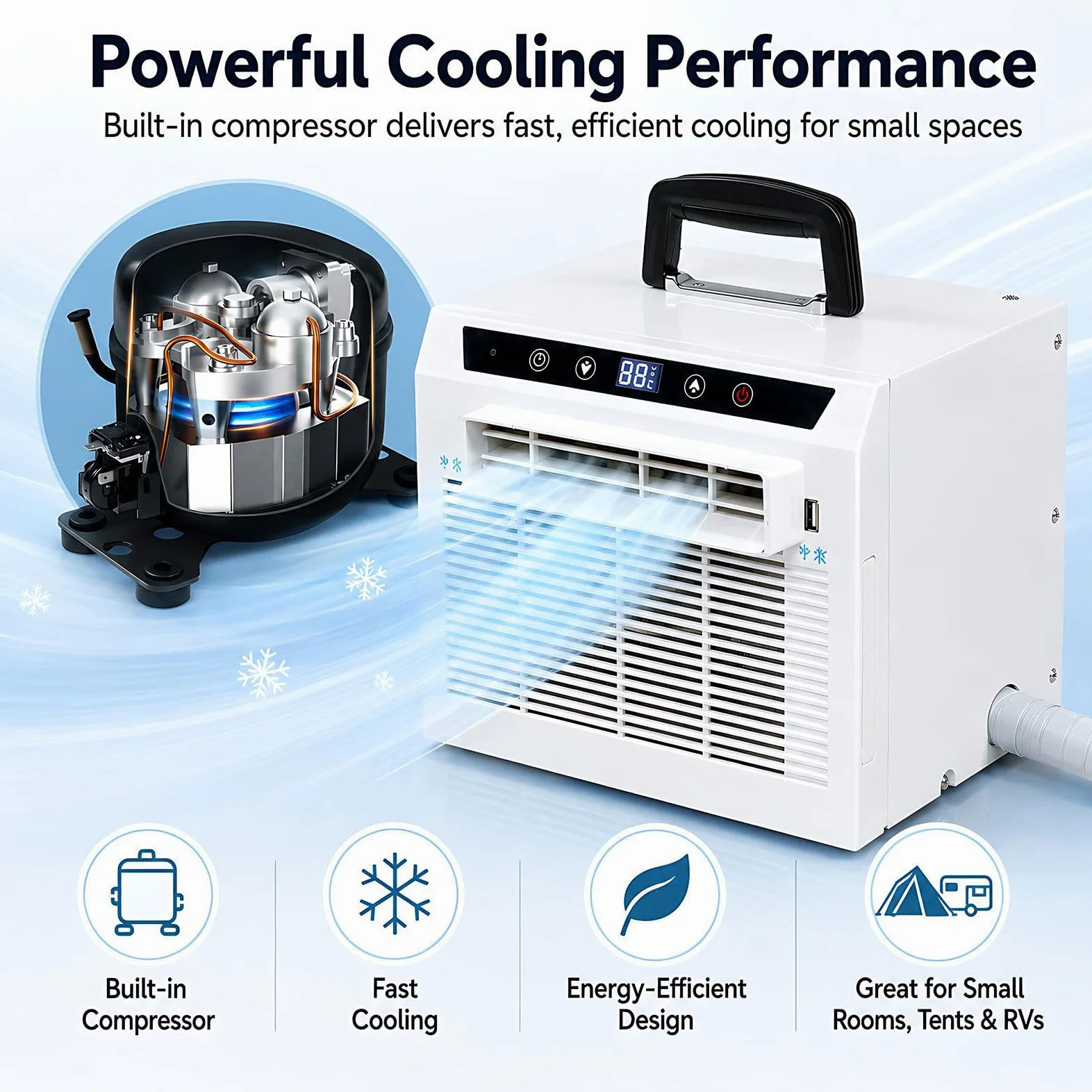Mini Split Portatile 3000BTU – Silenzioso – Leggero 220V-1.5Metre | Doppio controllo: pannello touch sull'unità + telecomando wireless per massima comodità.