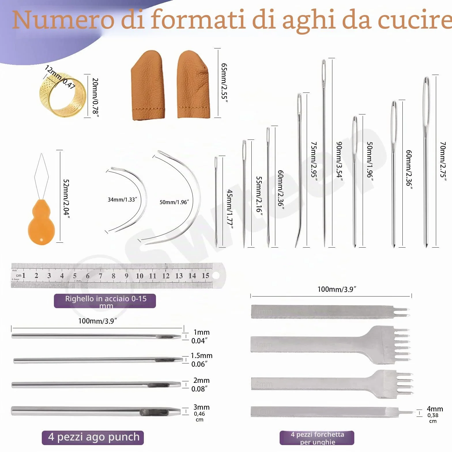 Swpeet Kit da 46 pezzi per artigianato in pelle, strumenti e forniture con punteruolo per scanalare filo cerato, punzonatrice, ruota da tracciamento, aghi da cucito e altro ancora
