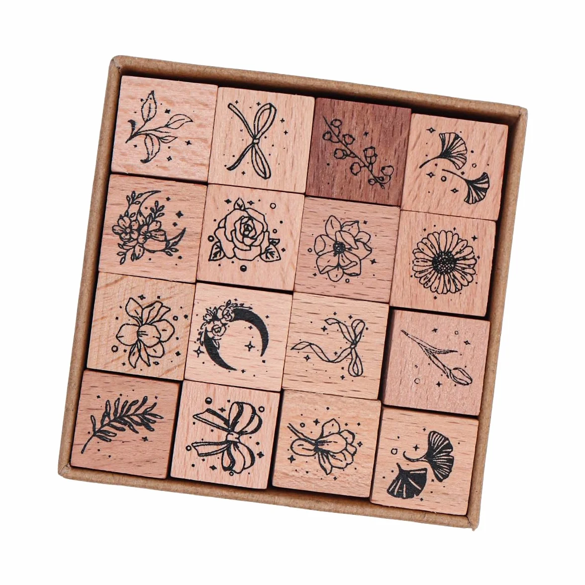 Set di timbri in Legno da 16 Pezzi, timbri Decorativi in Legno Che combinano Piante e Stelle Set di timbri per Artigianato Fai-da-Te Creazione di Biglietti Calendari