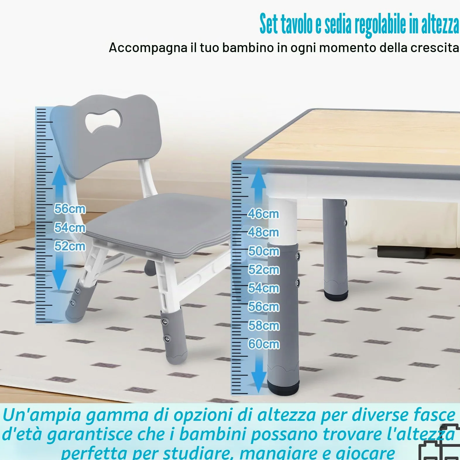 ACXIN Tavolo per bambini con 4 sedie, in plastica, per bambini, regolabile in altezza, per cameretta dei bambini, colore grigio