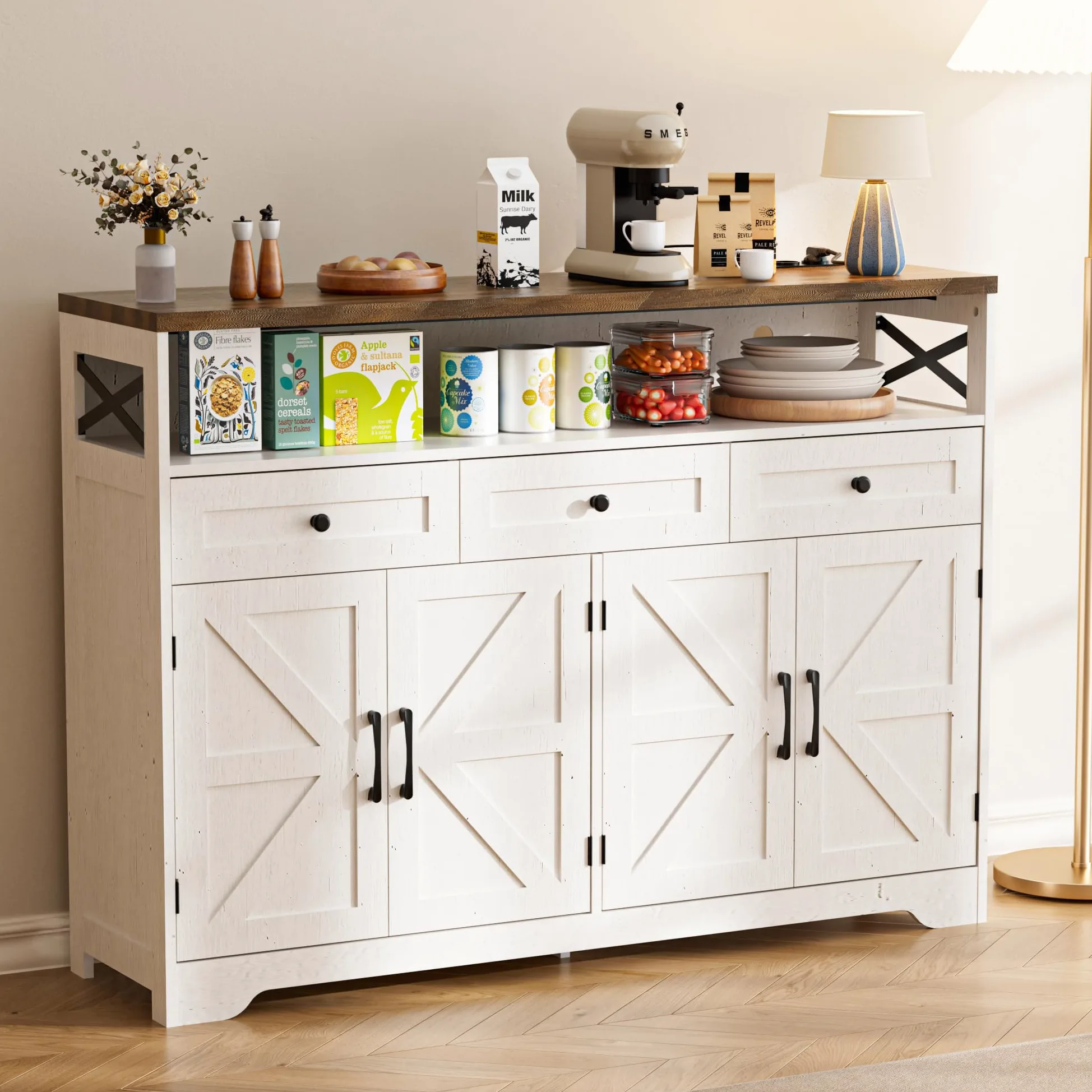 BonVache Credenza, credenza con cassetti, credenza con scaffali aperti, per cucina, sala da pranzo, soggiorno, 130 x 35 x 95 cm, bianco