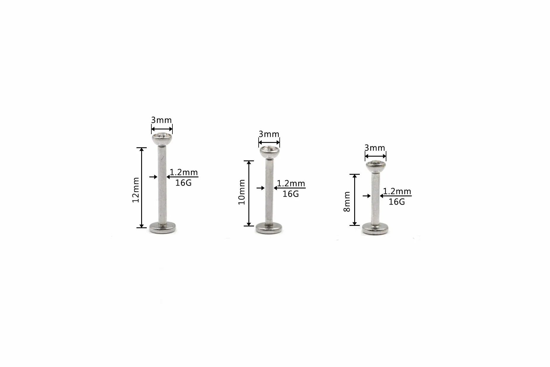 WARRIOR Piercing Labret Sterile in Silicone Acciaio Chirurgico 316L 16G (1,2mm) 3mm Orecchio Helix Cartilagine