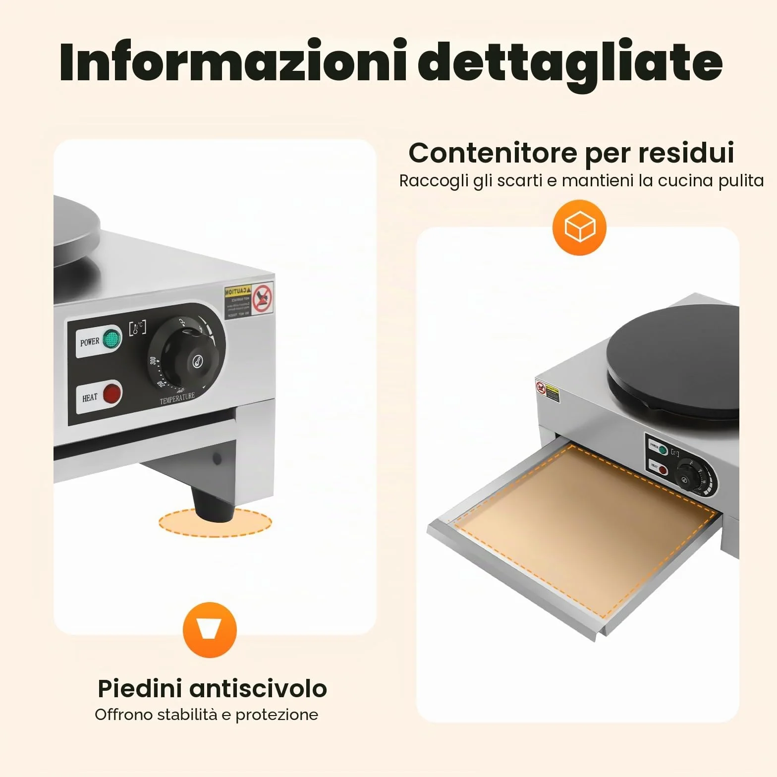 Crepe maker elettrico 40 cm 3 KW 50-300 °C vassoio estraibile termostato integrato