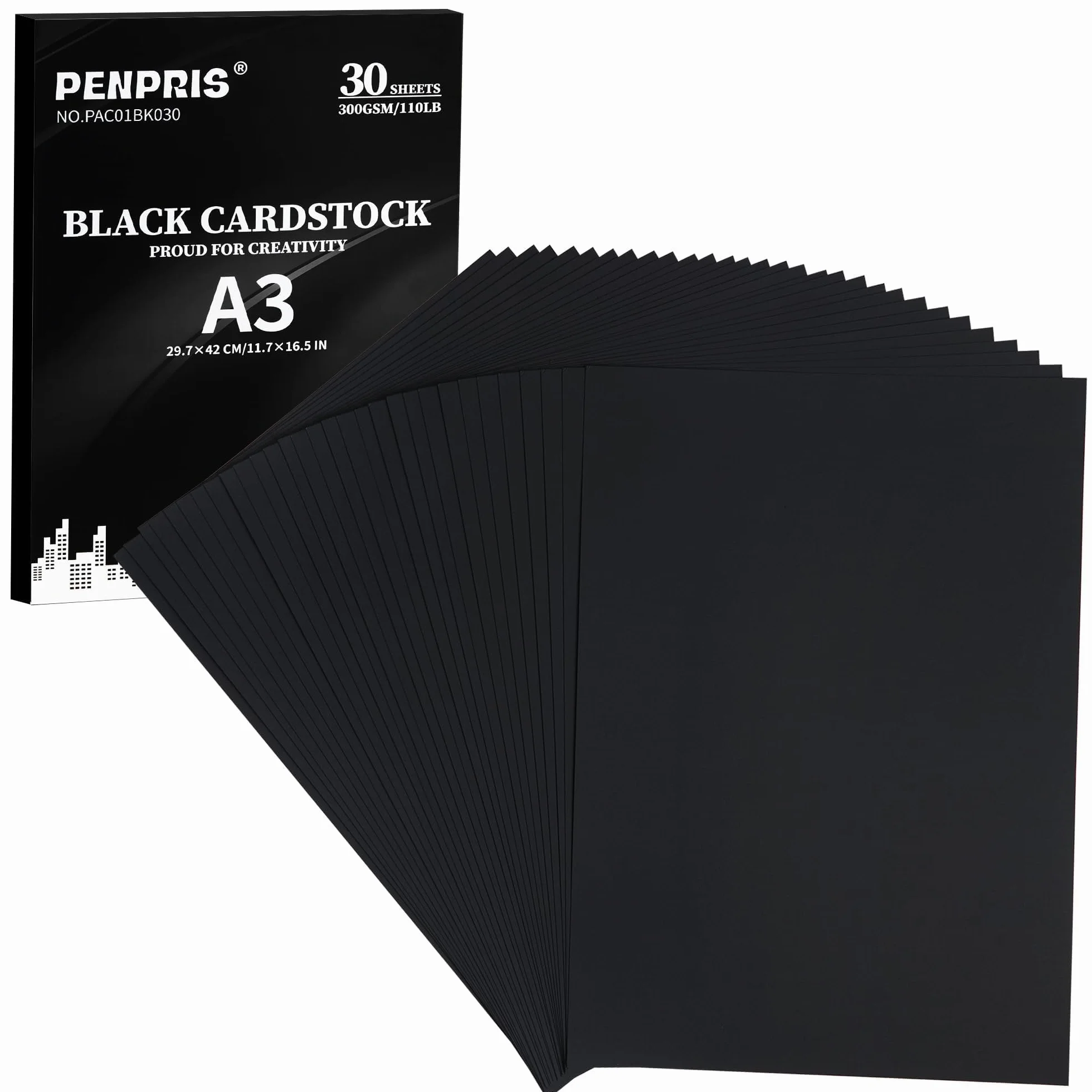 Cartoncino Nero A3 300gsm 30 Fogli - Carta Spessa per Cartoline e Inviti