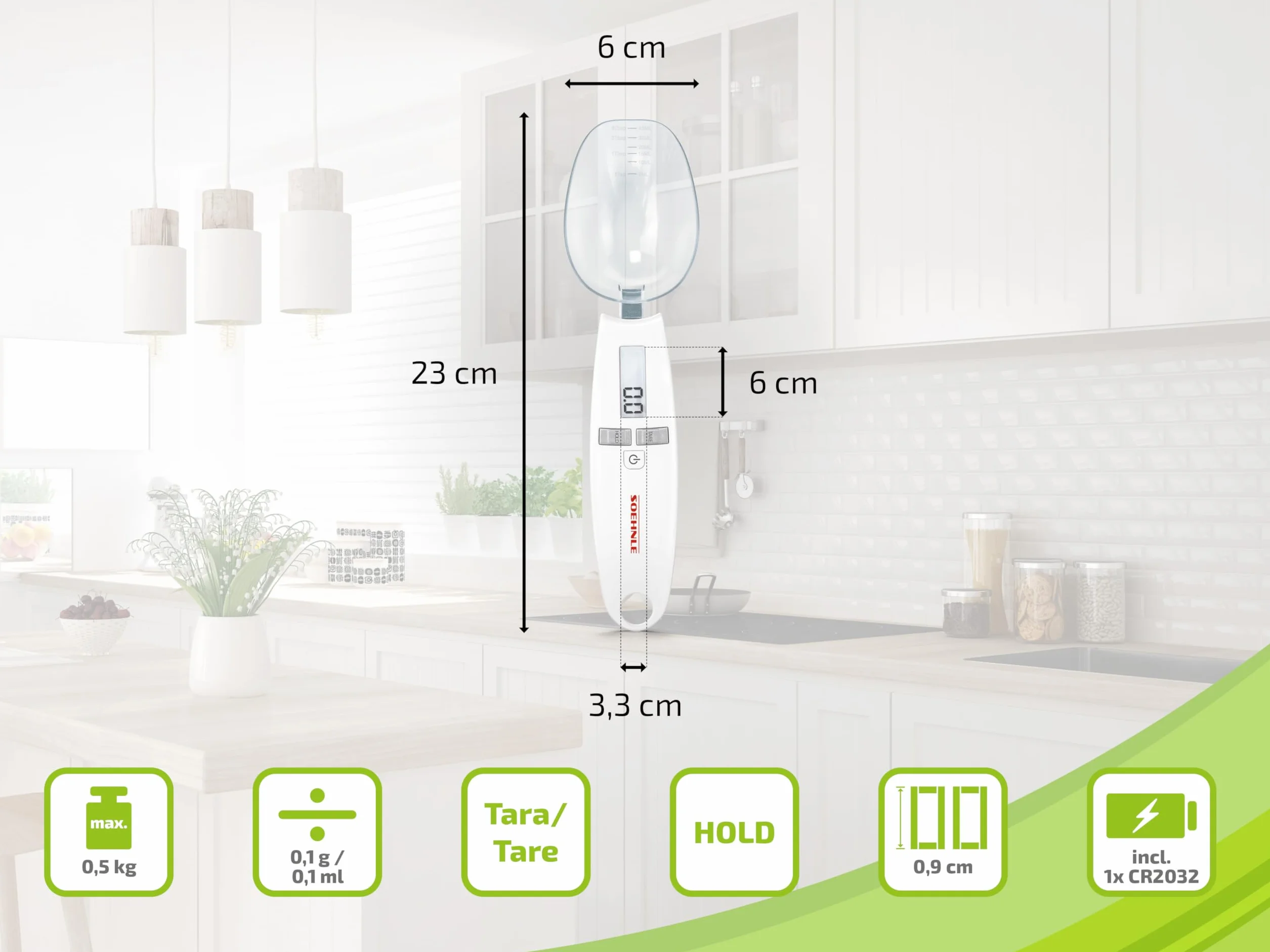 Soehnle Cooking Star Bilancia cucina digitale a cucchiaio, Bilancia da cucina con ripartizione a 0,1 g e portata max di 500 g, Bilancia pesa alimenti