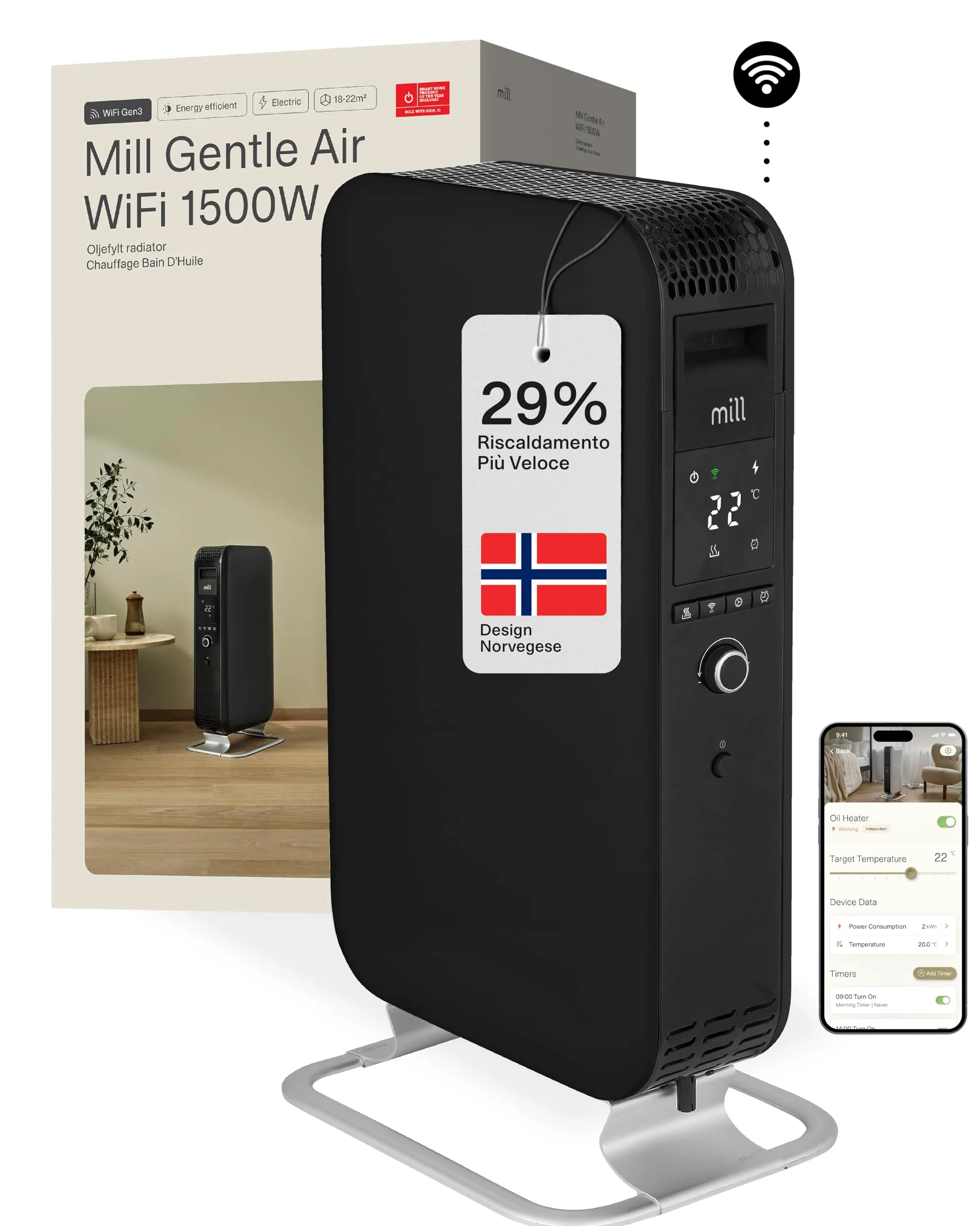 Mill AB-H1500DN Radiator Indoor White 1500W (Nero, 18-22 m²)