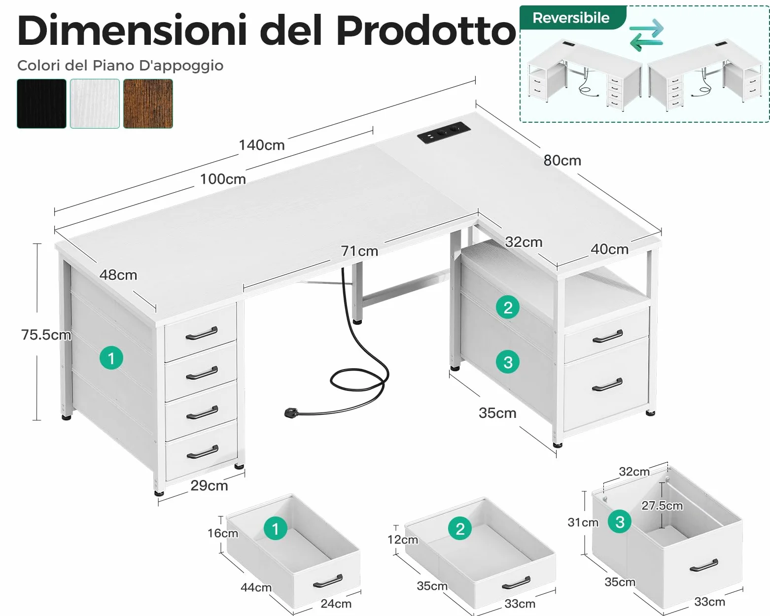 Coleshome Scrivania Angolare con Tessuto Cassetti, 140x80cm Reversibile Scrivania a l con Cassetto Portadocumenti, Scrivania per Computer con Porta di Ricarica USB e Presa di Corrente, Bianco