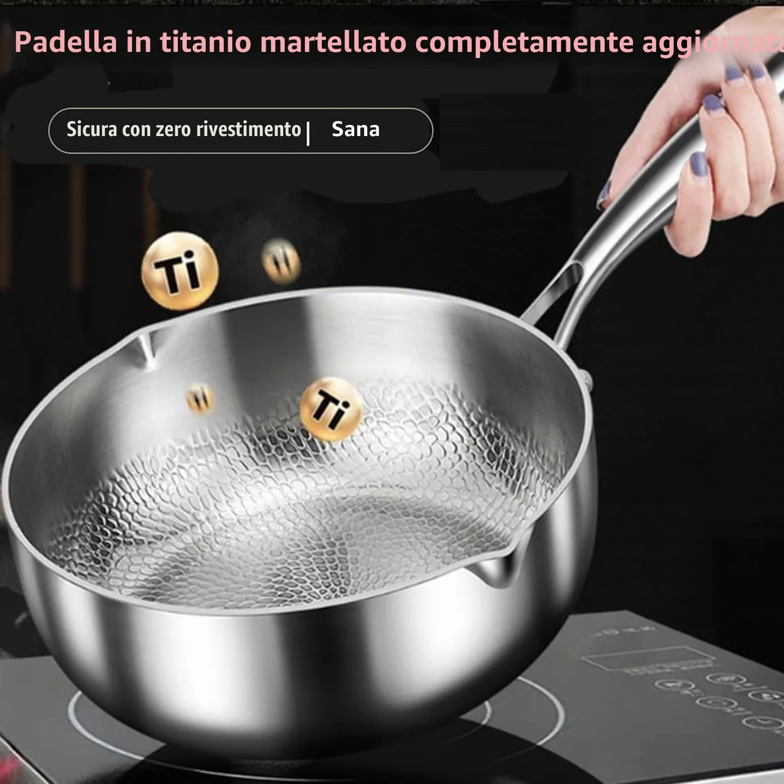Padella in Titanio Plateful con Coperchio, Casseruola Yukihira in Titanio, Design a Doppio Beccuccio, Antigraffio, Non Rivestito, Adatto a Tutti i Tipi di Fornelli (24cm)