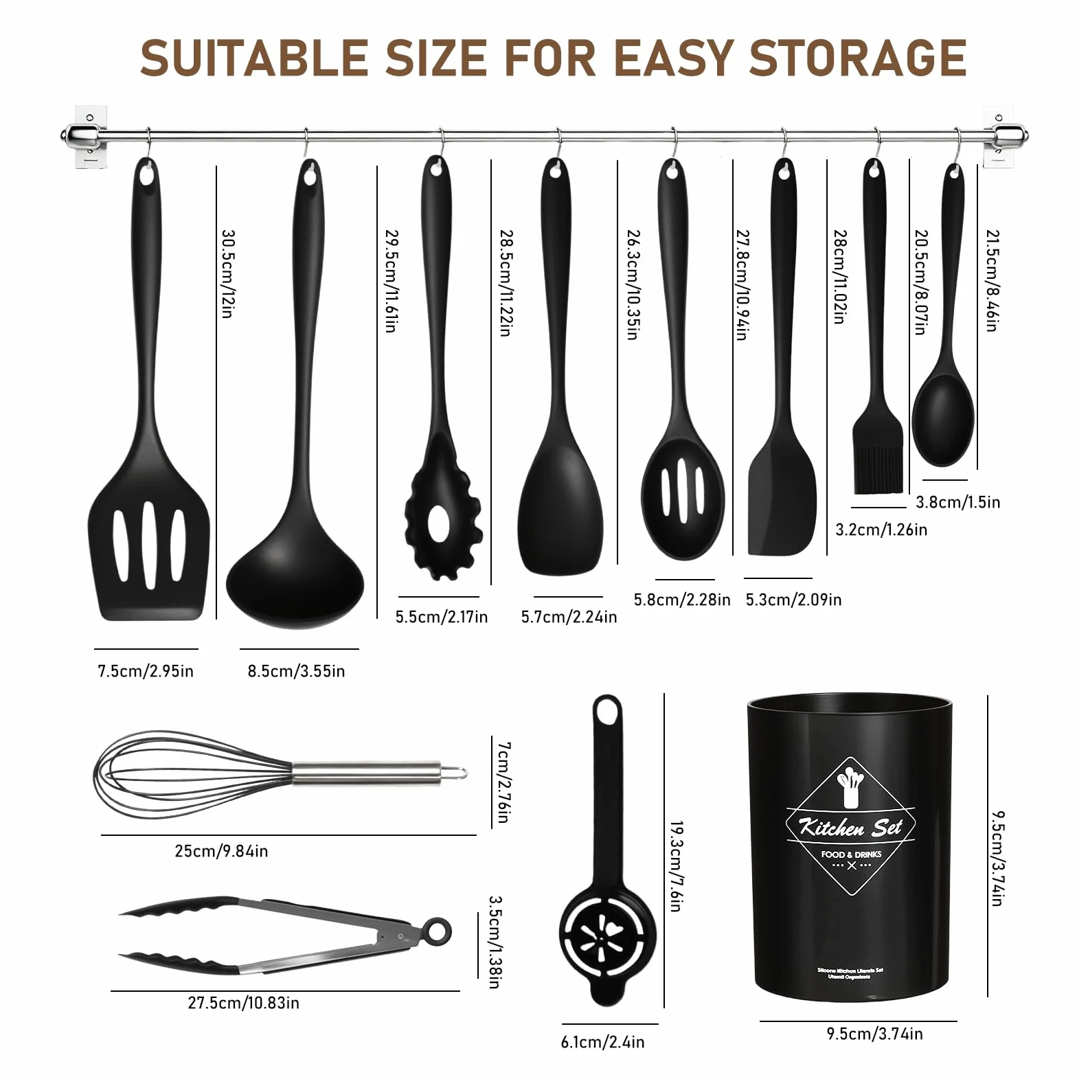 VINATO Set di Utensili da Cucina in Silicone, 12 Pezzi, Senza BPA, Nero