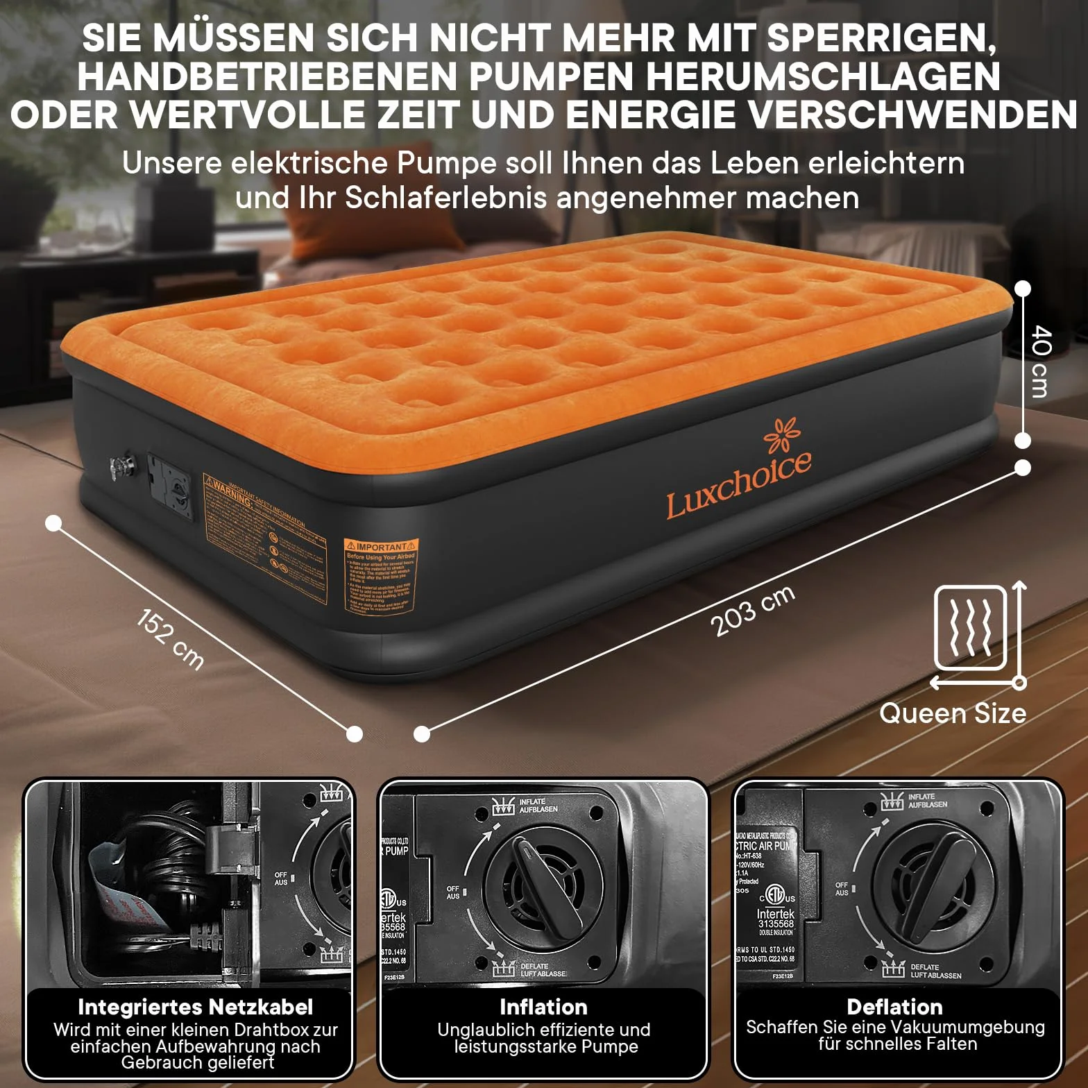 Luxchoice Materasso Gonfiabile Matrimoniale Autogonfiabile con Pompa Elettrica Integrata di alta Qualità Letto Materasso Gonfiabile per Campeggio o uso Domestico