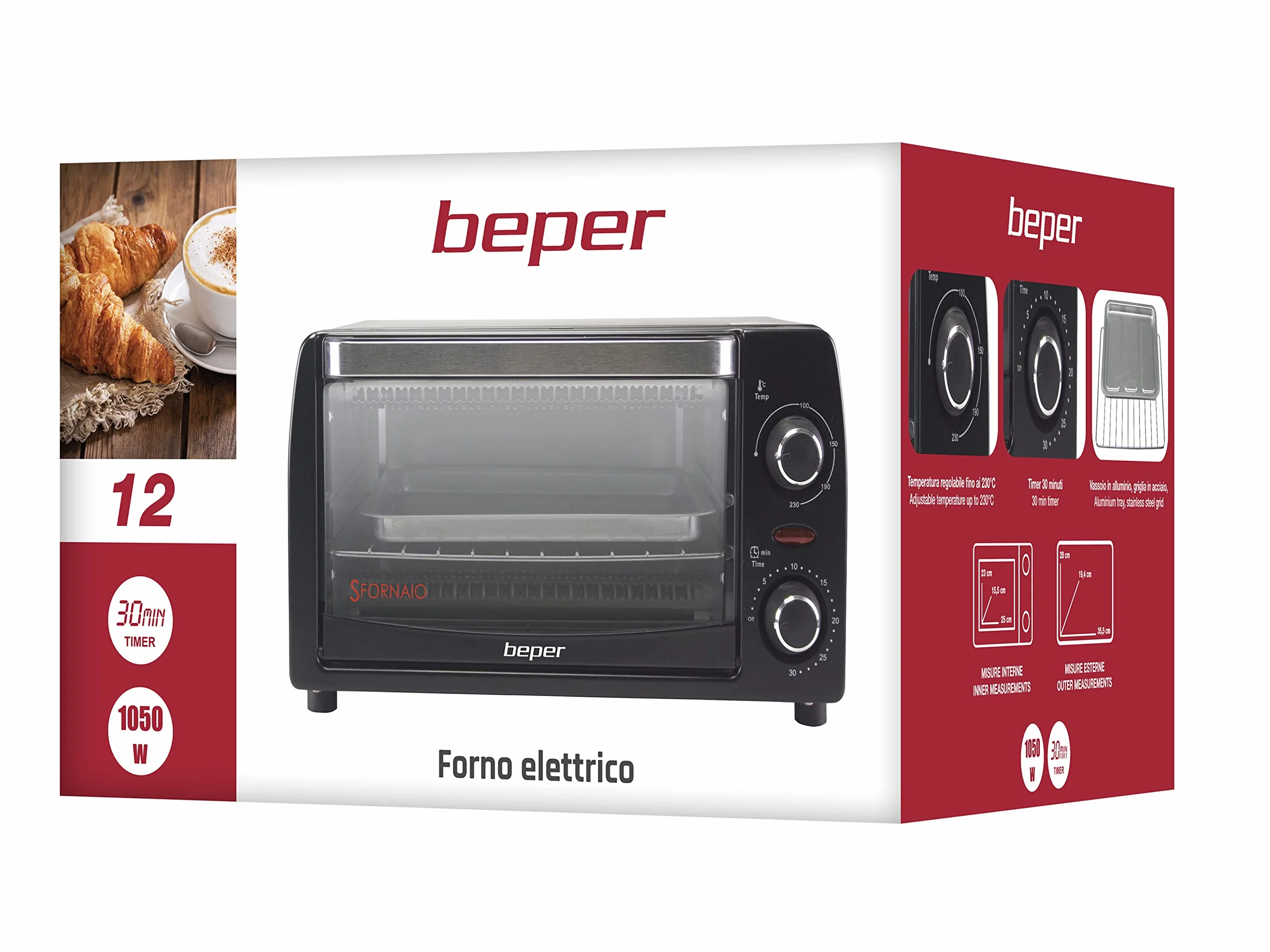 Beper Fornetto Elettrico 12L, Elementi Riscaldanti al Quarzo, Temperatura Regolabile 230°C, Nero