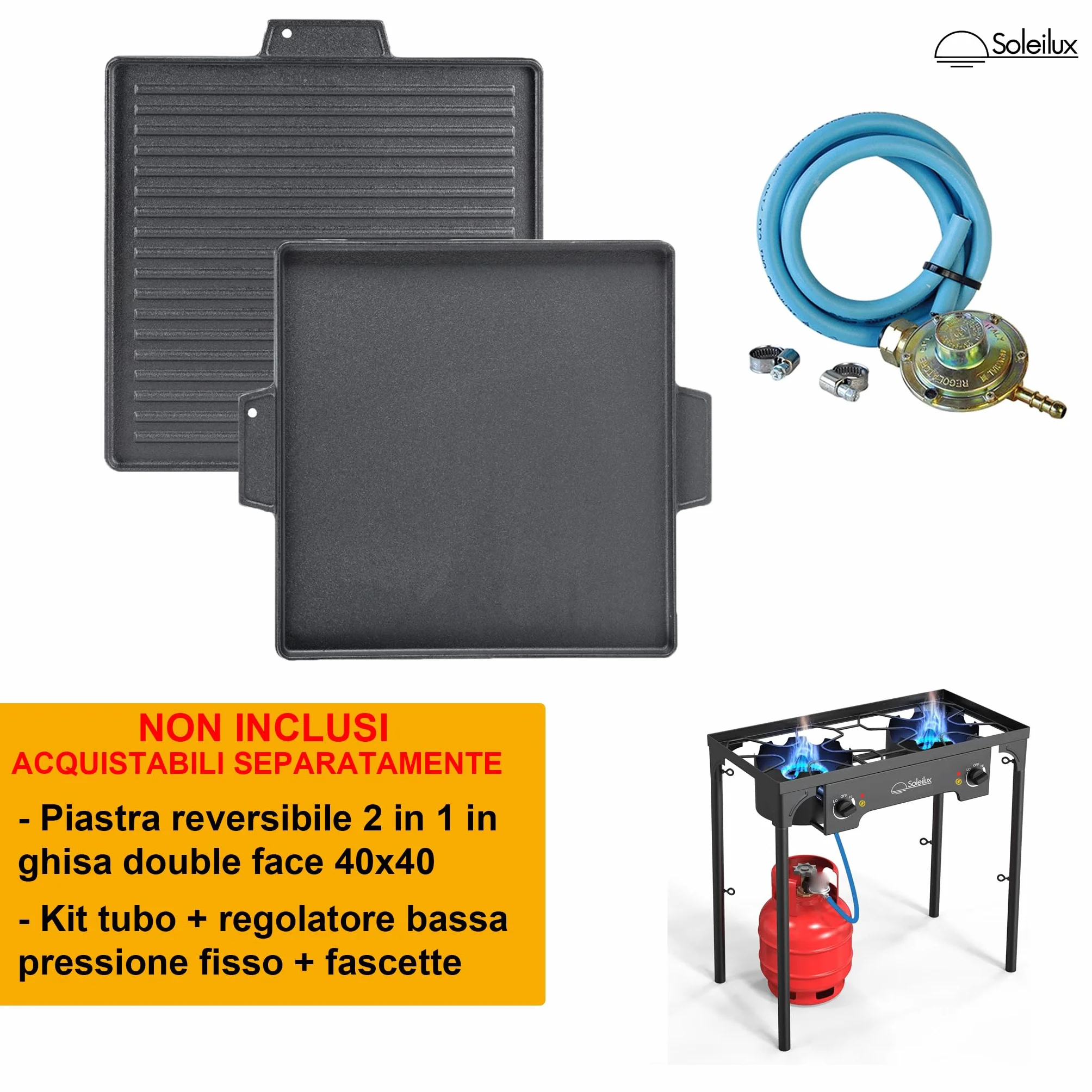 Fornellone Fornello 2 Fuochi 75x38cm 3 IN 1 Gpl Accensione Piezo H 81cm NERO