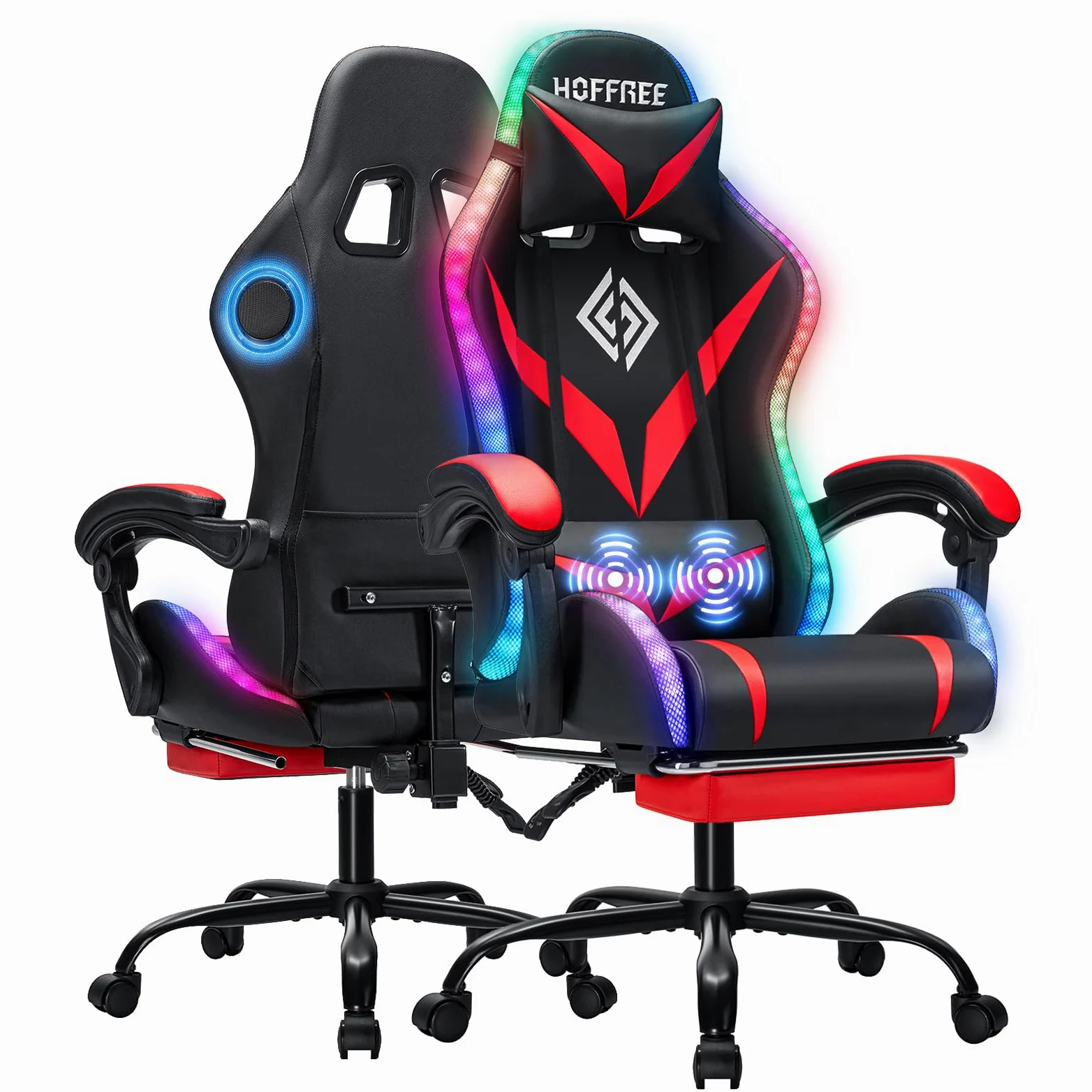 Sedia da gioco con altoparlanti e luce LED, sedia ergonomica per computer con massaggio e poggiapiedi, sedia reclinabile per videogiochi per adulti, supporto regolabile in vita, rosso e nero