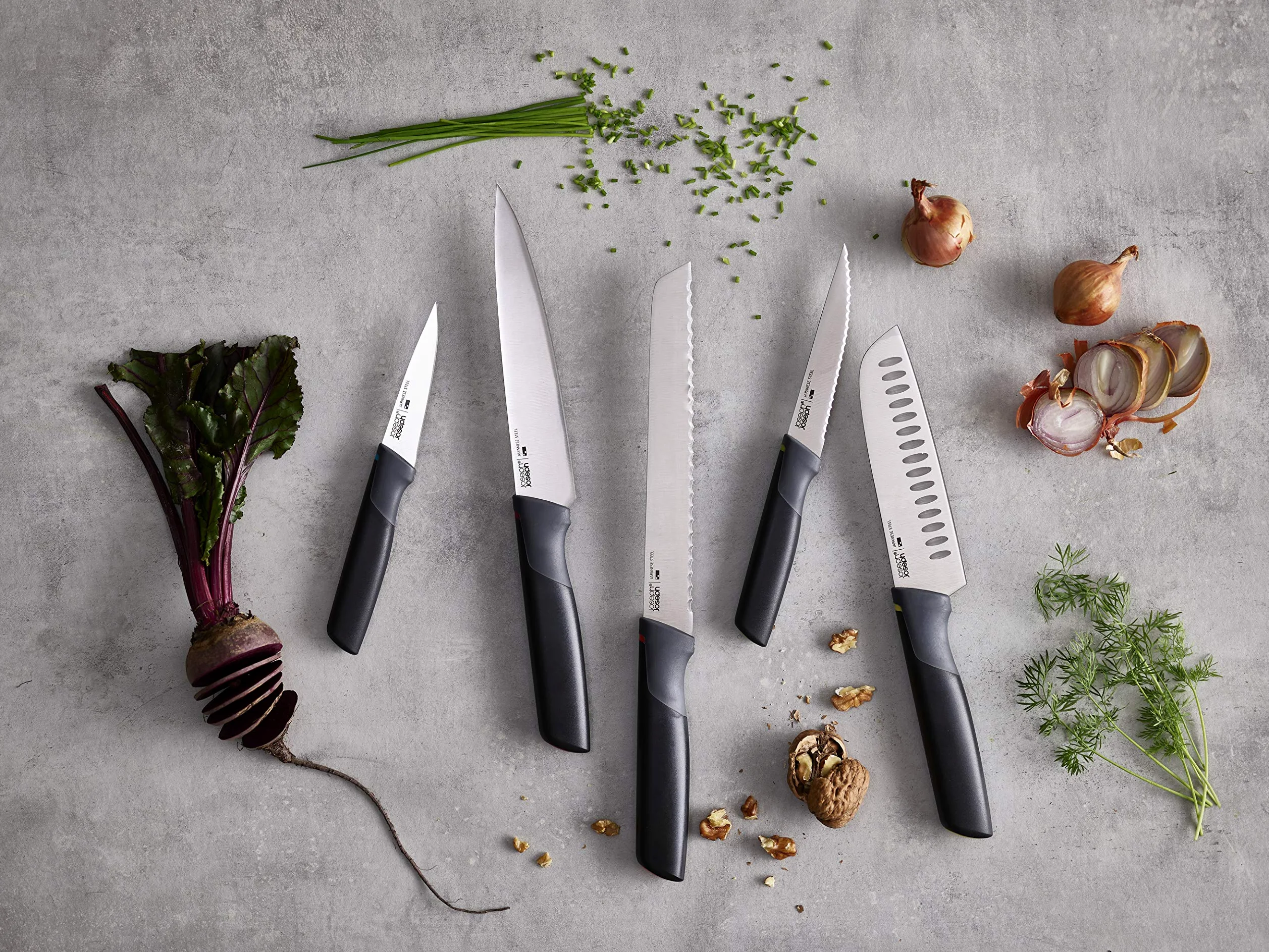 Joseph Joseph - Elevate Knives, set da 5 coltelli in acciaio inossidabile giapponese con ceppo rotante - Colore: nero