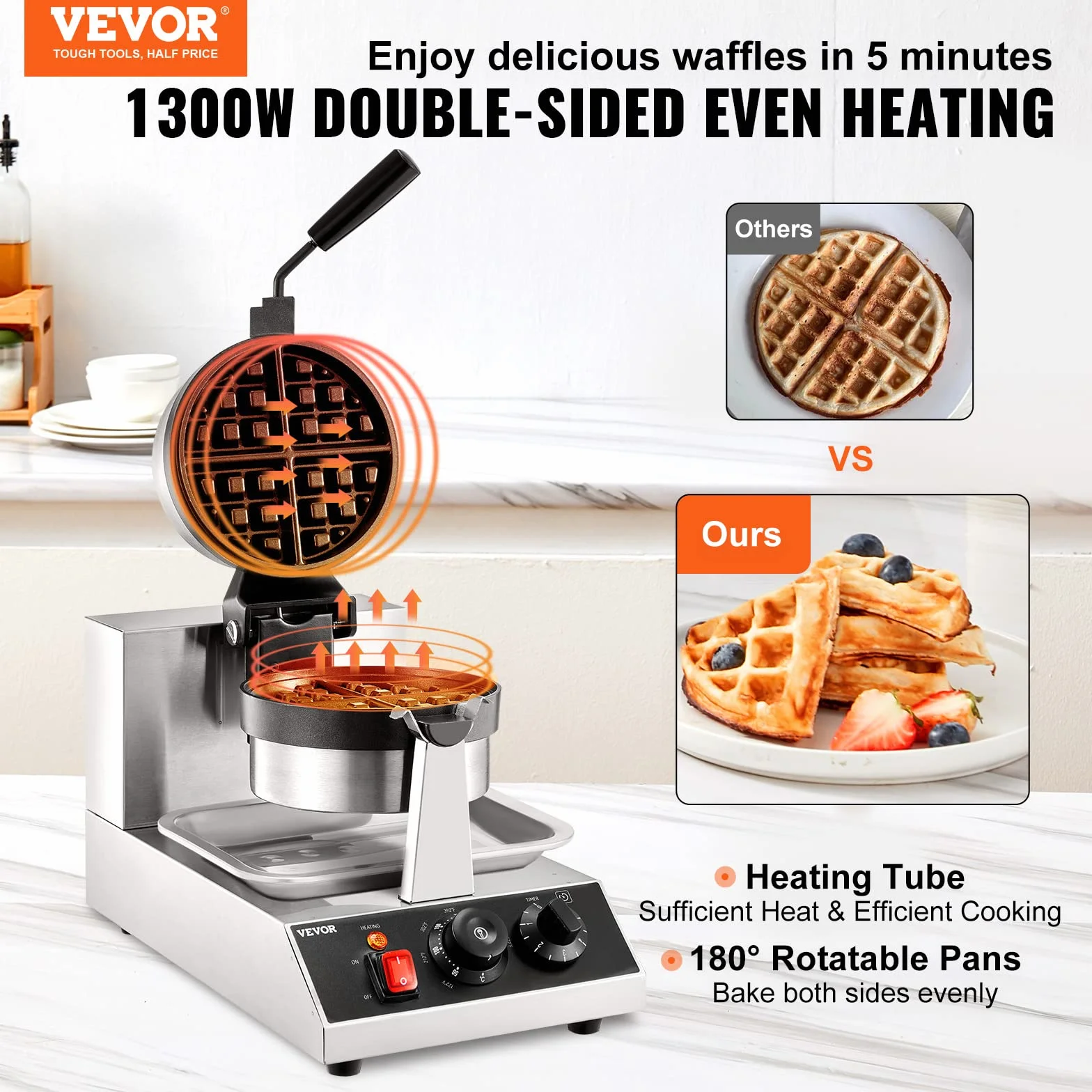 VEVOR Macchina per Waffle Belga Rotondo in Acciaio Inox Antiaderente 1300W Temperatura Controllata 50℃-300℃, Macchina Waffle Piastra Doppia Antiaderente Teglia 190,5 mm con Manico Girevole in Acciaio