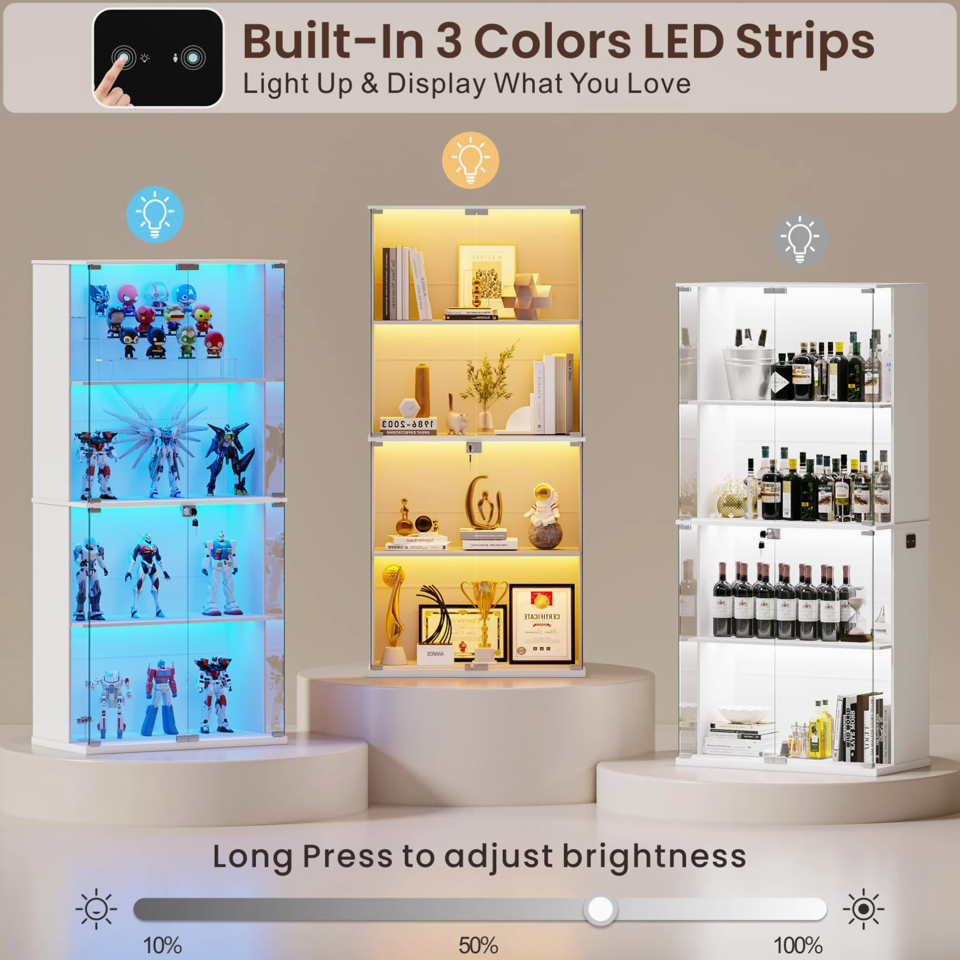 Gurexl 168 CM Vetrina in Vetro con LED 3 Couleurs,Vetrine Da Collezione Anta IIn vetro con Serratura,Pavimento Credenza in Vetro con Sensore Intelligente Per Soggiorno,Curio,Collezione,Bianco
