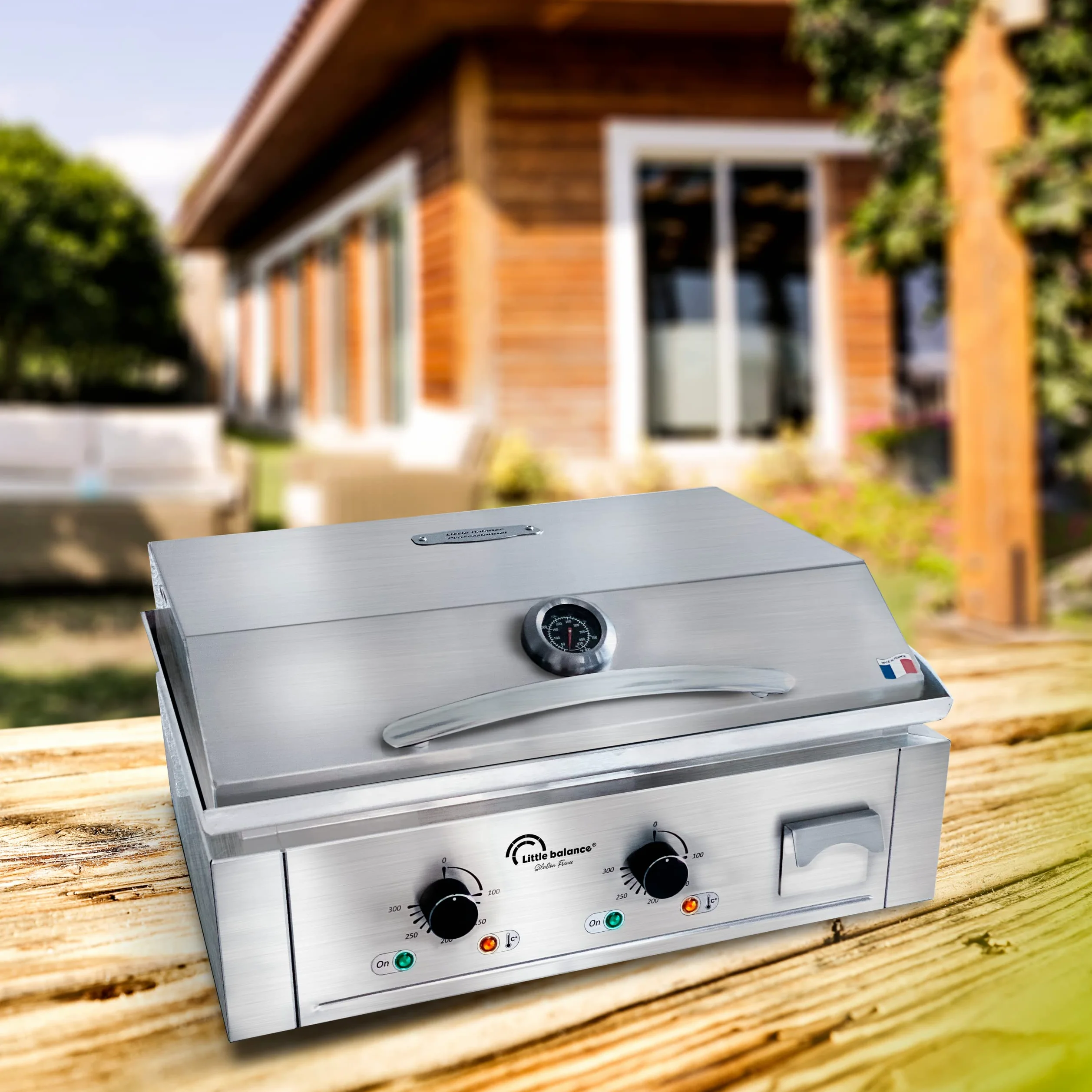 LITTLE BALANCE 8473 Aquitania Pro Plus, Piastra elettrica professionale, 2 zone di cottura, coperchio, 3500 W, Fabbricazione francese, Tutto Inox