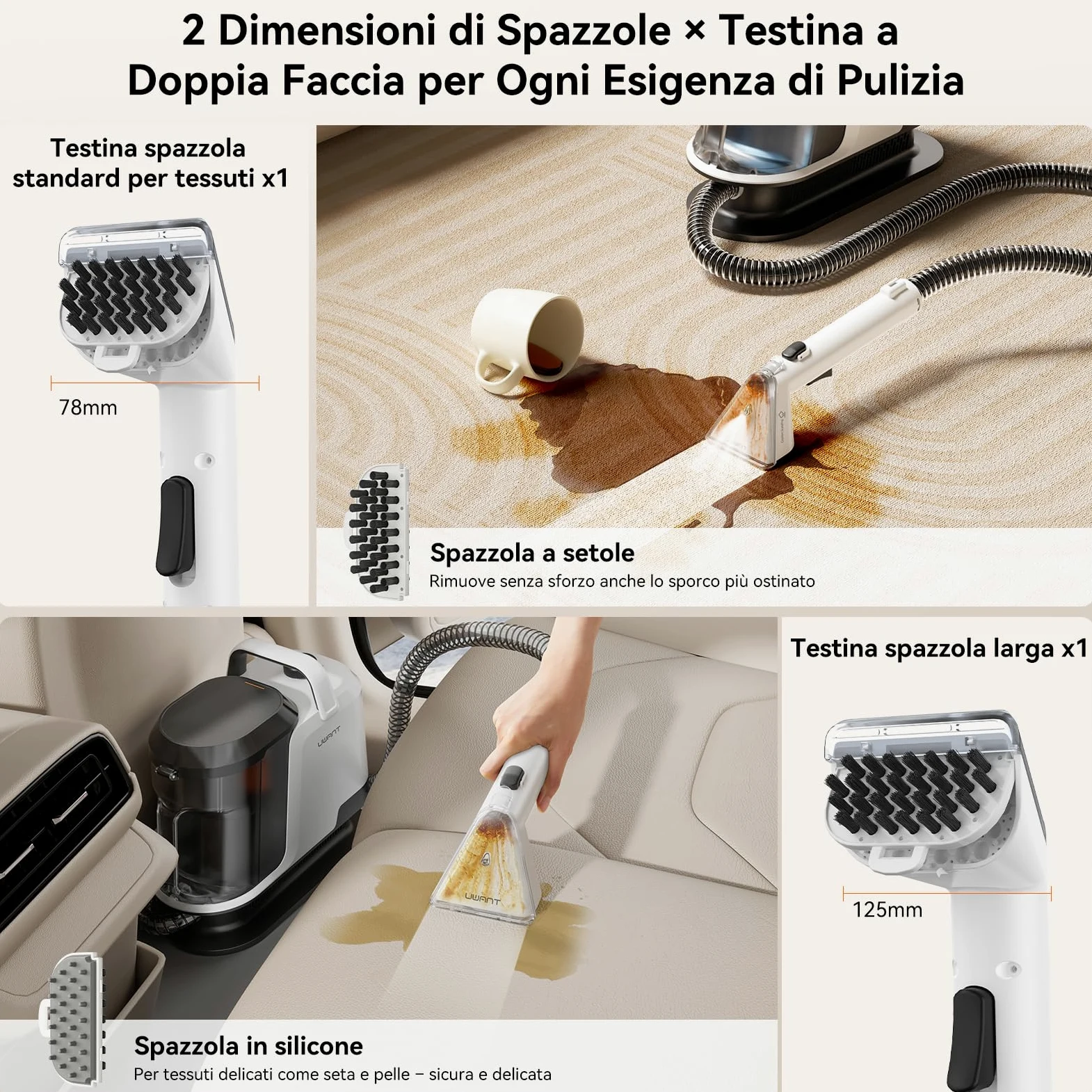 Uwant Lavatappeti Lava e Asciuga a Vapore Y100S 1750W 18KPa, 3in1 Fredda/65℃ Calda/100℃ Vapore, Spazzole multiple Lava Divani/Tappeti/Auto/Cucina, 2.4L Serbatoio Auto-pulizia Portatile Lavatessuti
