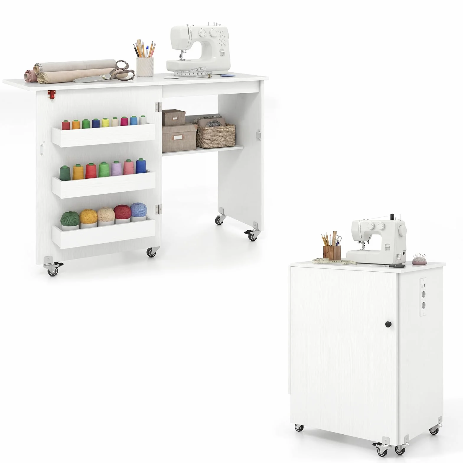 RELAX4LIFE Tavolo da Cucito Pieghevole con Ampio Piano del Tavolo, 3 Vani, Ripiano Portaoggetti,Mobiletto Salvaspazio con Ruote per Ago, Filo e Forbici (Bianco, Senza Prese)