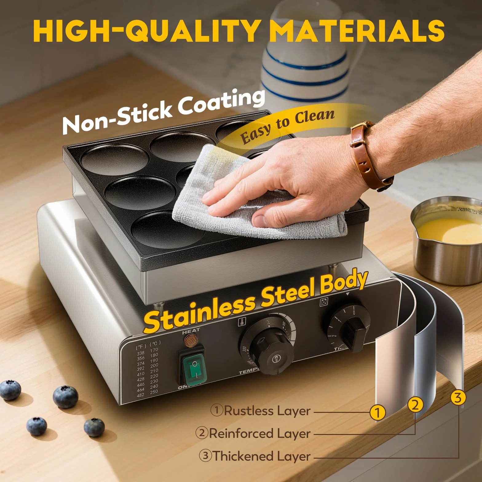 CGOLDENWALL 9 Fori Macchina Per Pancake Olandese Antiaderente, Timer 0-5 min, Temperatura 50-300℃, Mini Dutch Pancake Maker