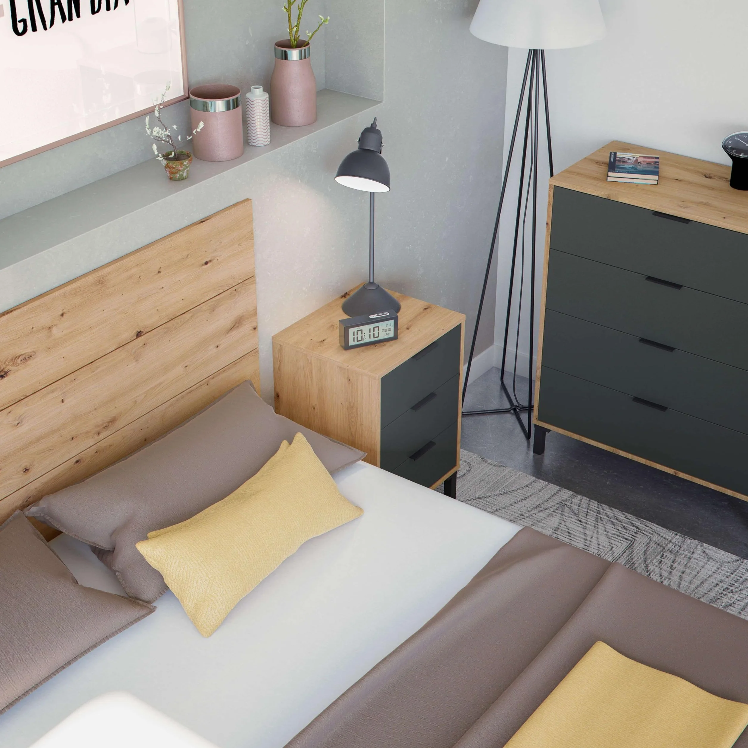 Testina + 2 comodini di notte, testiera per letto matrimoniale, modello Enzo, finitura in rovere Nodi e grigio antracite, Dimensioni: 160 cm (larghezza) x 60 cm (altezza) x 2,5 cm (profondità)