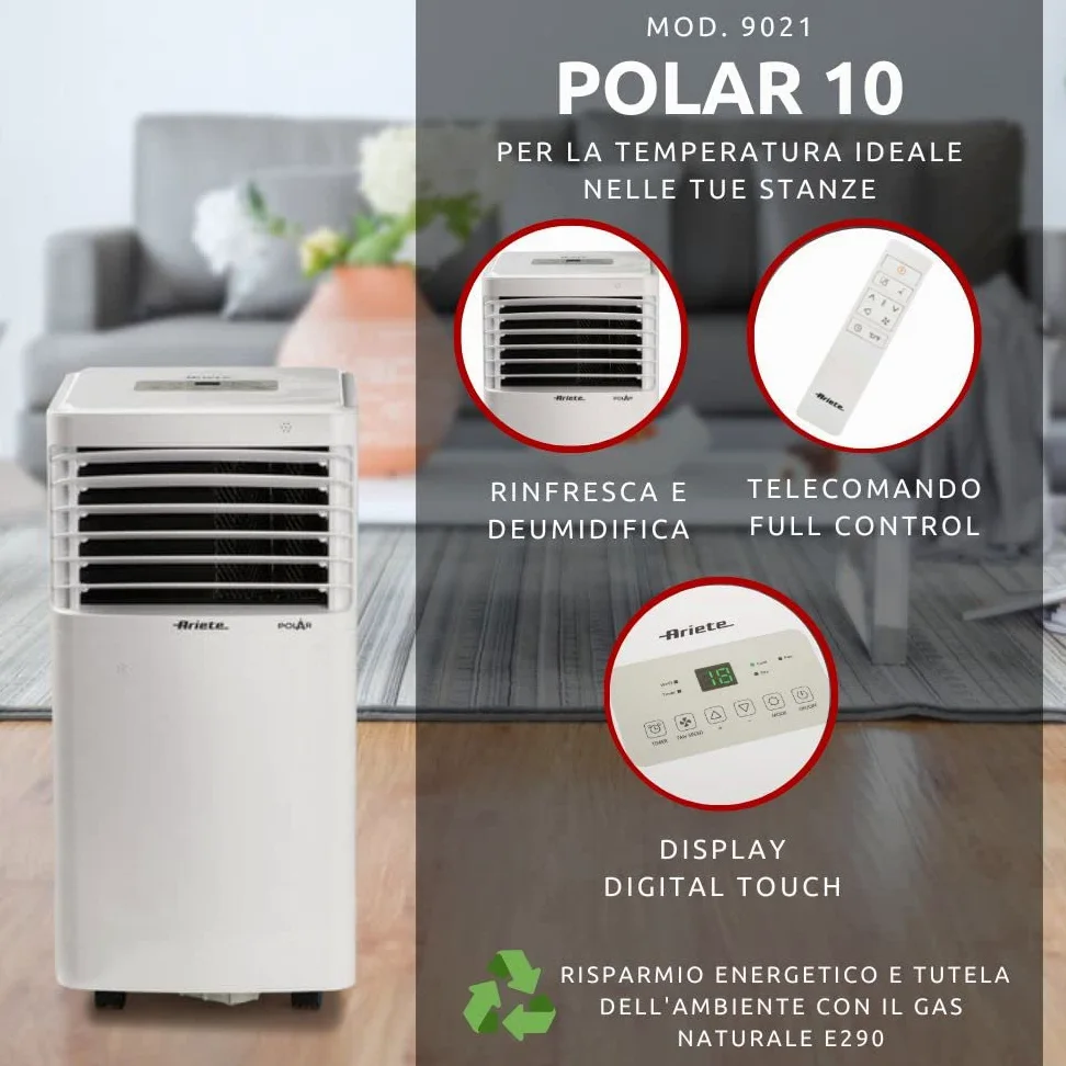 Ariete Polar 10, Climatizzatore Portatile 10000 btu/h, 220 Volt, Gas Naturale R290, Classe Energetica A, Bianco