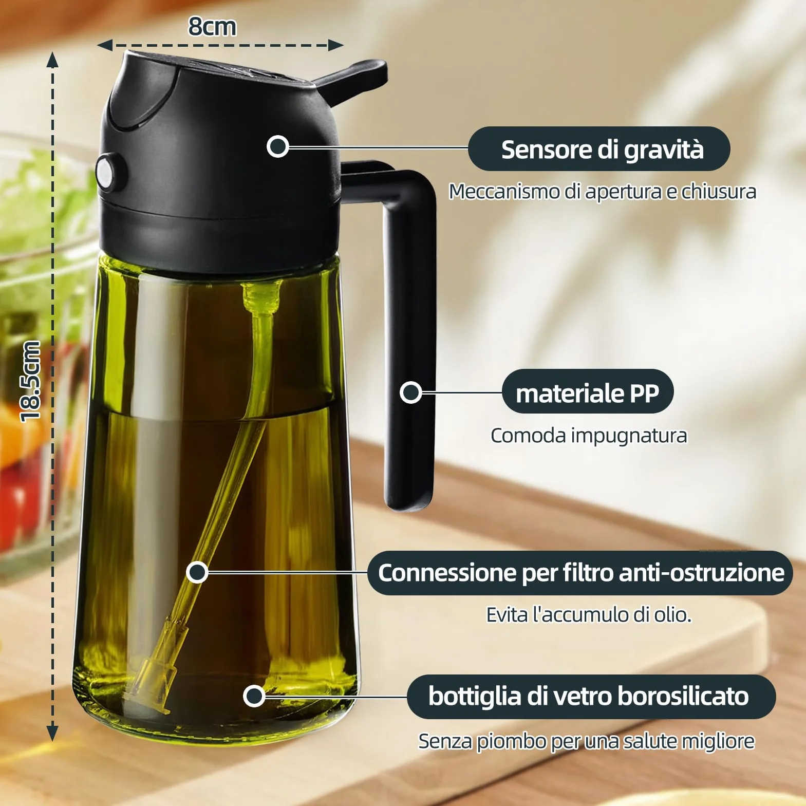 Spruzzatore per olio in vetro da 470 ml, 2 in 1, dispenser e flacone spray – per cucina, friggitrice ad aria e grill – senza BPA, a prova di perdite, riutilizzabile