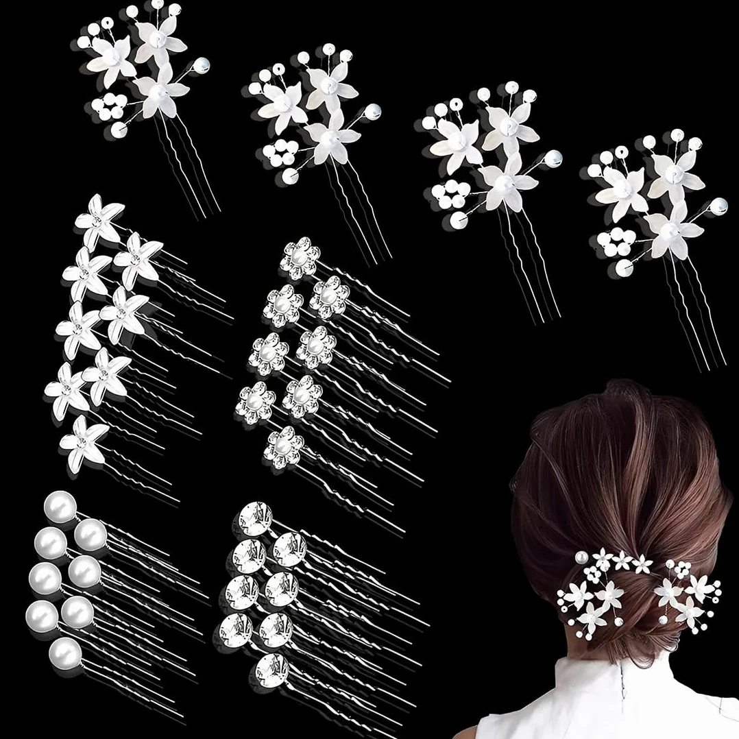 Fermagli per capelli da matrimonio con perle e fiori strass a forma di U