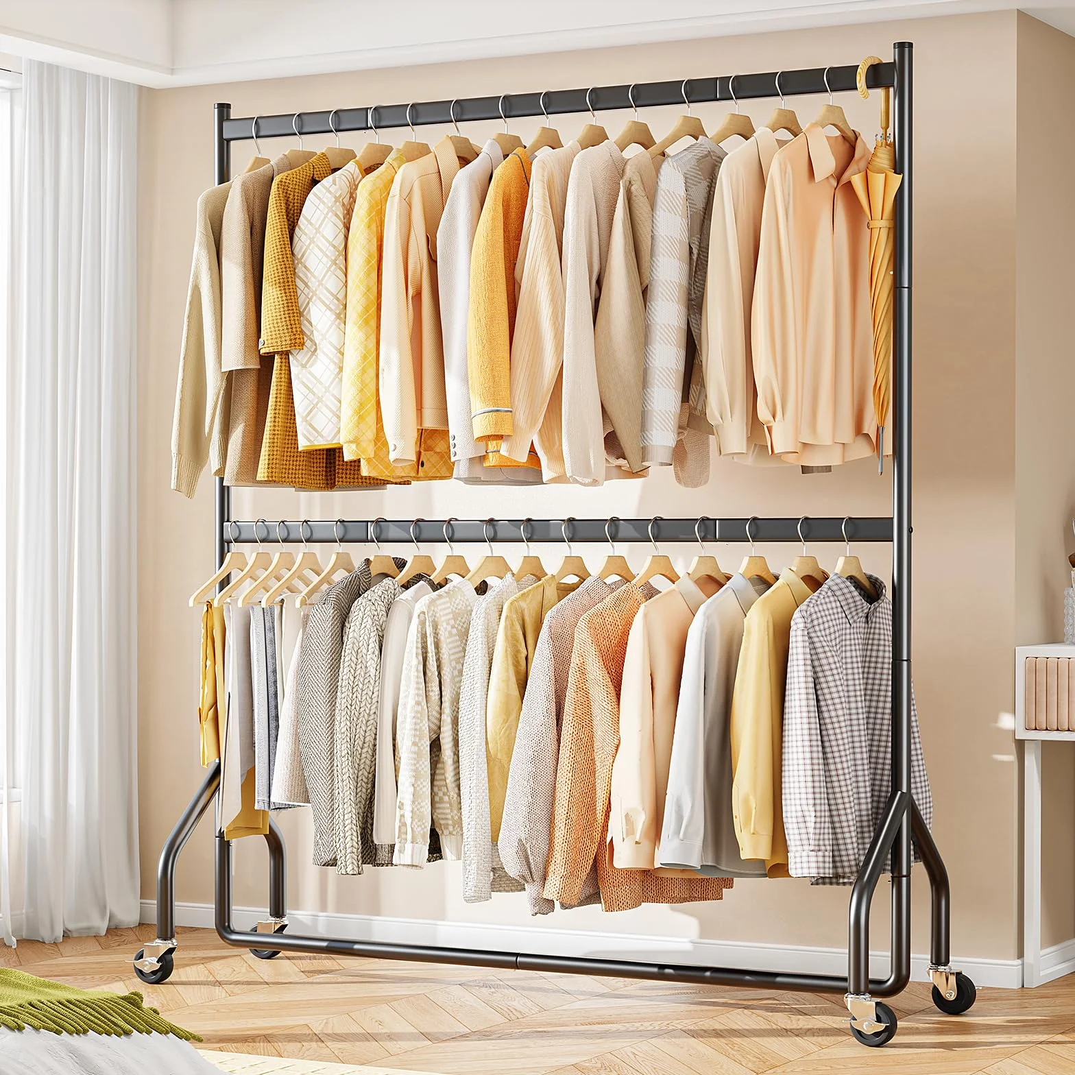 HOKEEPER Portavestiti Doppio Resistente a Carichi Pesanti con Grande Capacità, Organizzer di Armadio con Ruote per Boutiques, Camera da Letto, Lavanderia - 180cm