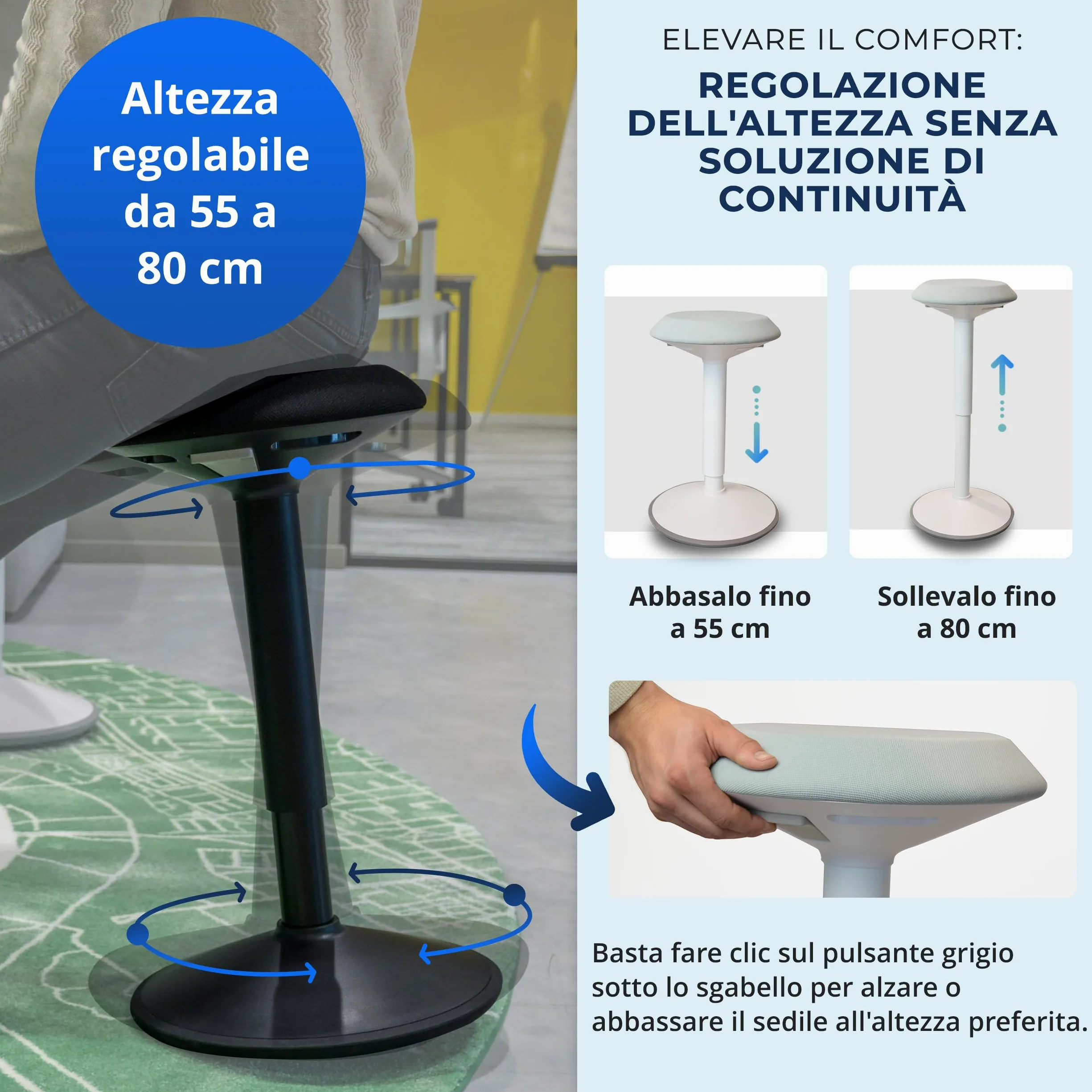 Backerz Sgabello Ergonomico - Sgabello Girevole da 55 a 80 cm con effetto dondolo - Sedia da Ufficio per Casa, Ufficio, Studio - Cuscino a Schiuma, Esterno in Lino Impermeabile - Bianco Opaco