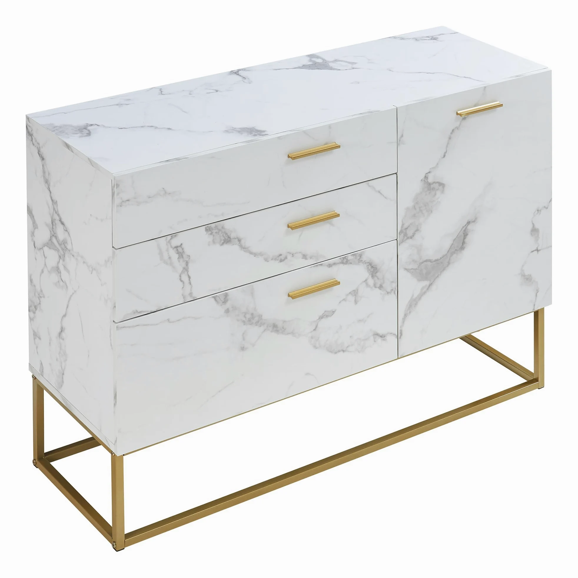 [en.casa] Comò con Anta e 3 Cassetti Armadio Basso Mobile Contenitore per Soggiorno Ingresso con Telaio in Metallo 75 x 100 x 35 cm Dorato/Effetto Marmo Bianco