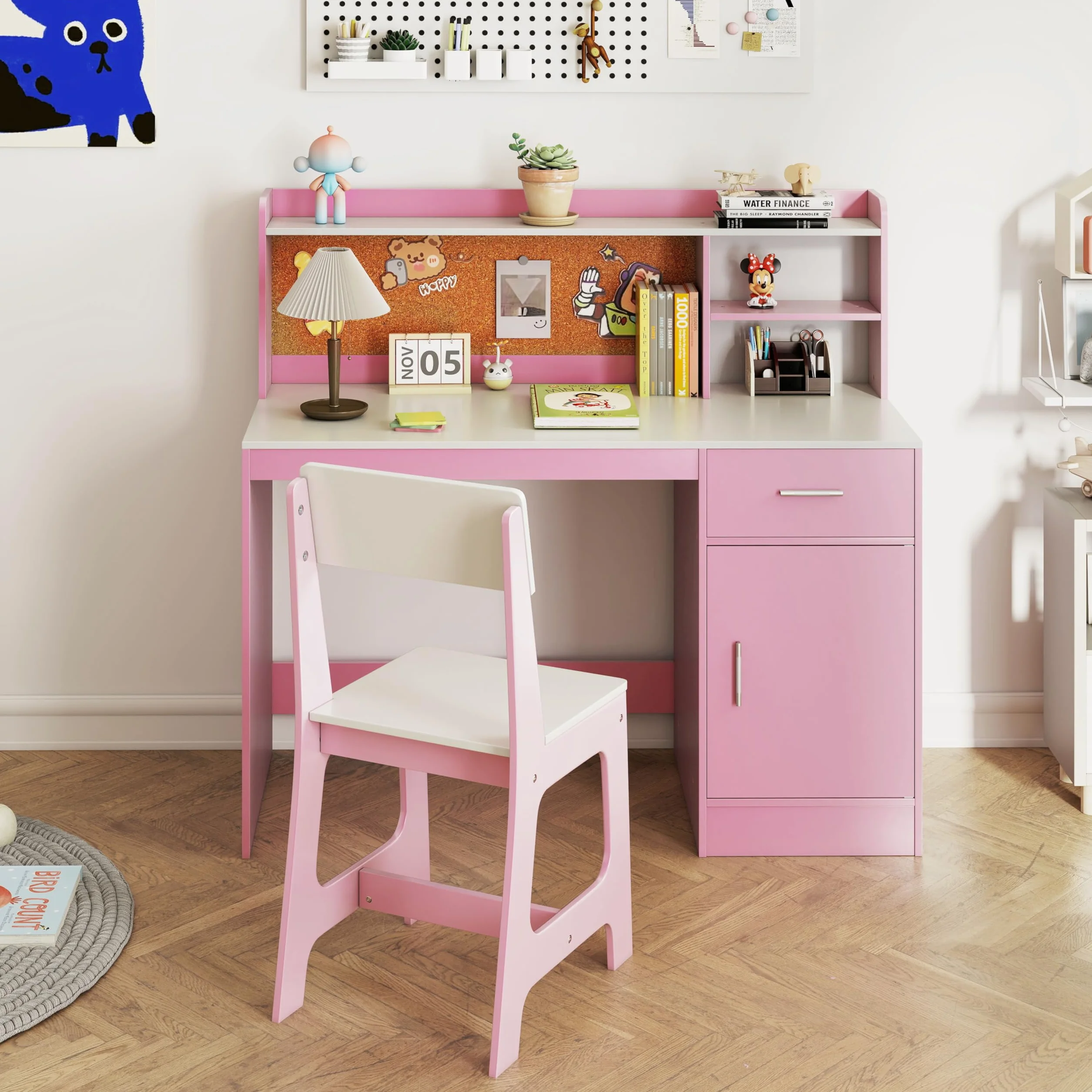 RELAX4LIFE Set Scrivania e Sedia per Bambini, Tavolo da Scrittura in Legno con Sedia, Ripiano, Bacheca, Cassetto, Armadio per Lettura, Disegno, Set di Tavoli da Studio per Bambini (Bianco+Rosa)