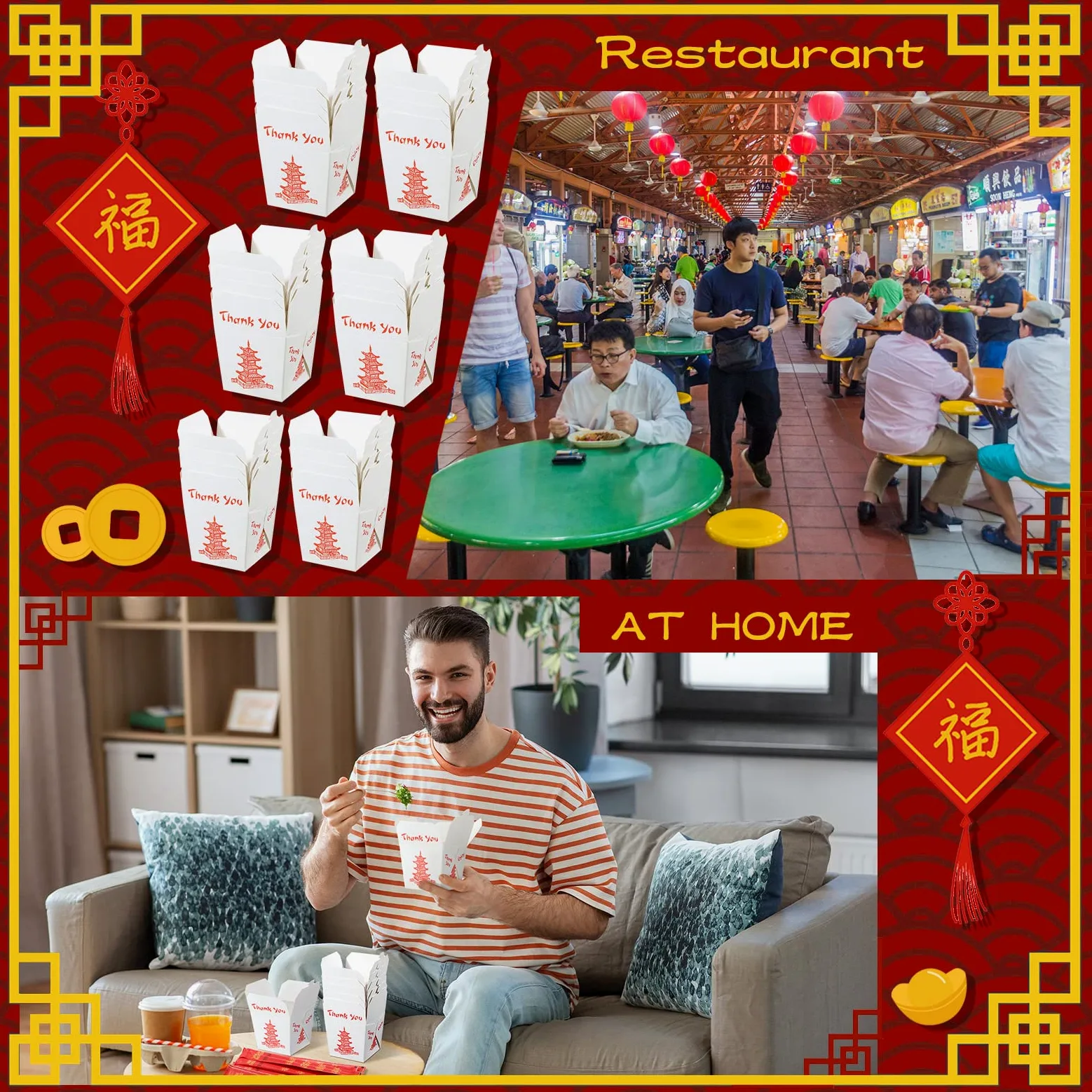 Scatole cinesi da asporto con bacchette, contenitori per alimenti in carta pagoda con maniche e bacchette usa e getta separate, per decorazioni per feste asiatiche, bomboniere, compleanni, matrimoni,