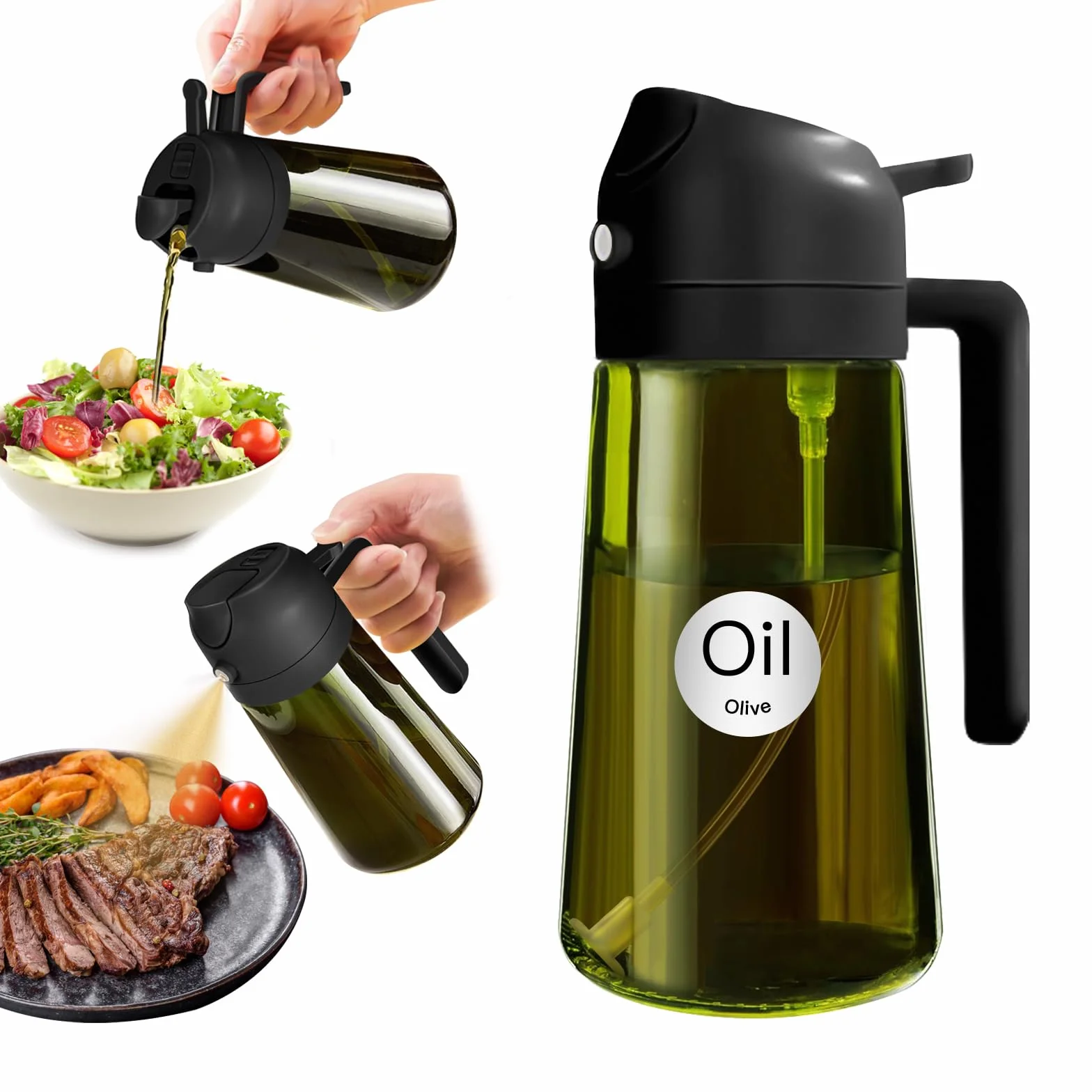 YARRAMATE Spruzzino Olio in Vetro 2 in 1 470 ml, Dosatore d'Oliva Bottiglia Spray da Cucina, Nebulizzatore per Alimenti Nero