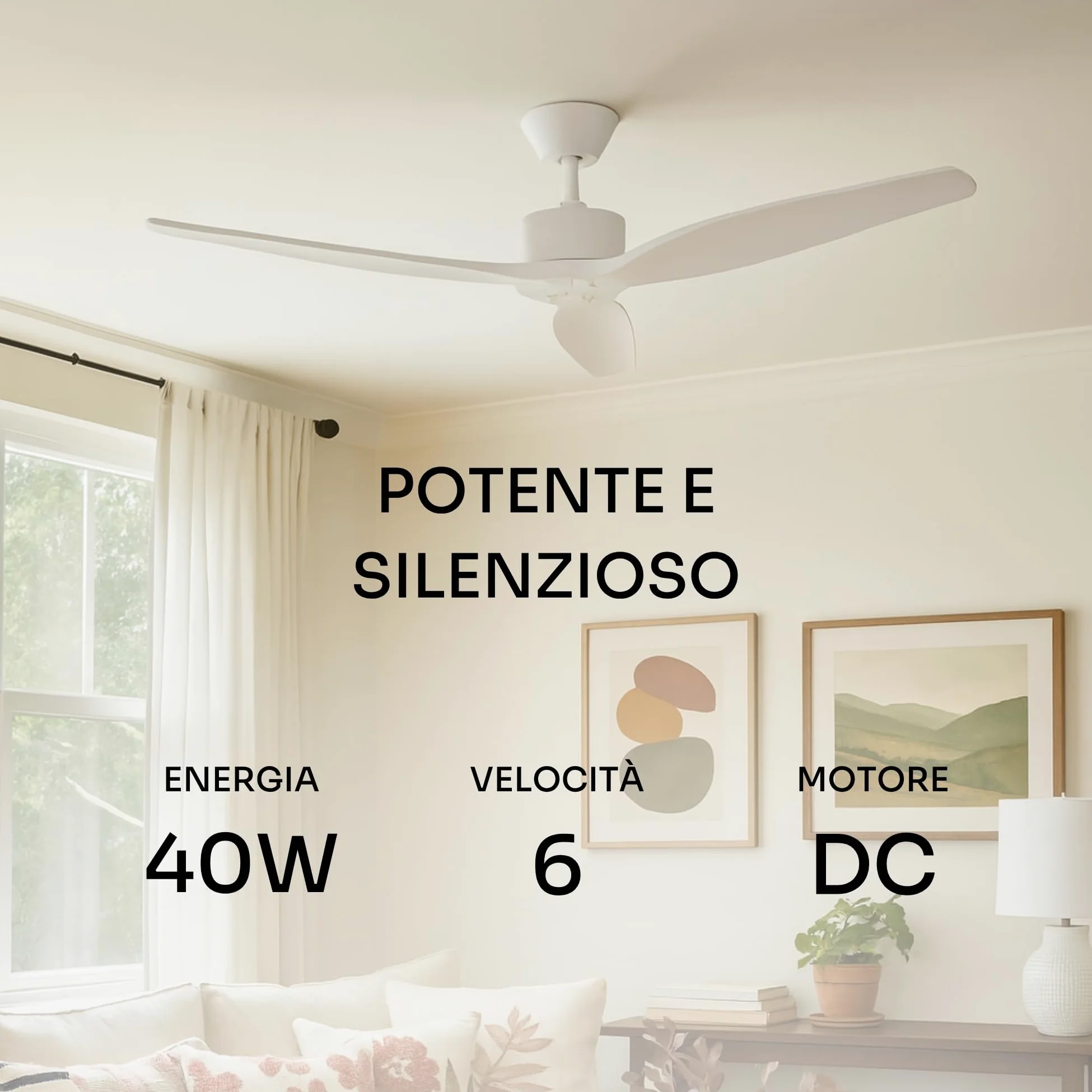Mellerware - Ventilatore da soffitto con telecomando Brizy! 45W | Potente, Ultra silenzioso | 3 pale | Diametro 132cm | 6 velocità | Timer | Funzioni estate inverno | Stanze fino a 20m2 | Bianco