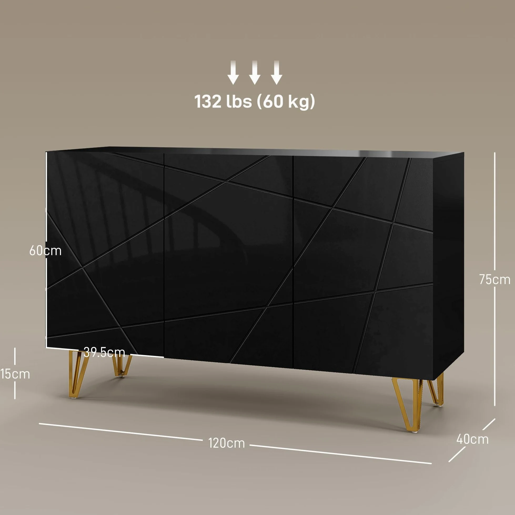 HOMCOM Mobile Contenitore con 2 Armadietti e Ripiano Regolabile a 3 Livelli, Credenza Moderna con Gambe in Metallo, 120x40x75 cm, Nero e Oro