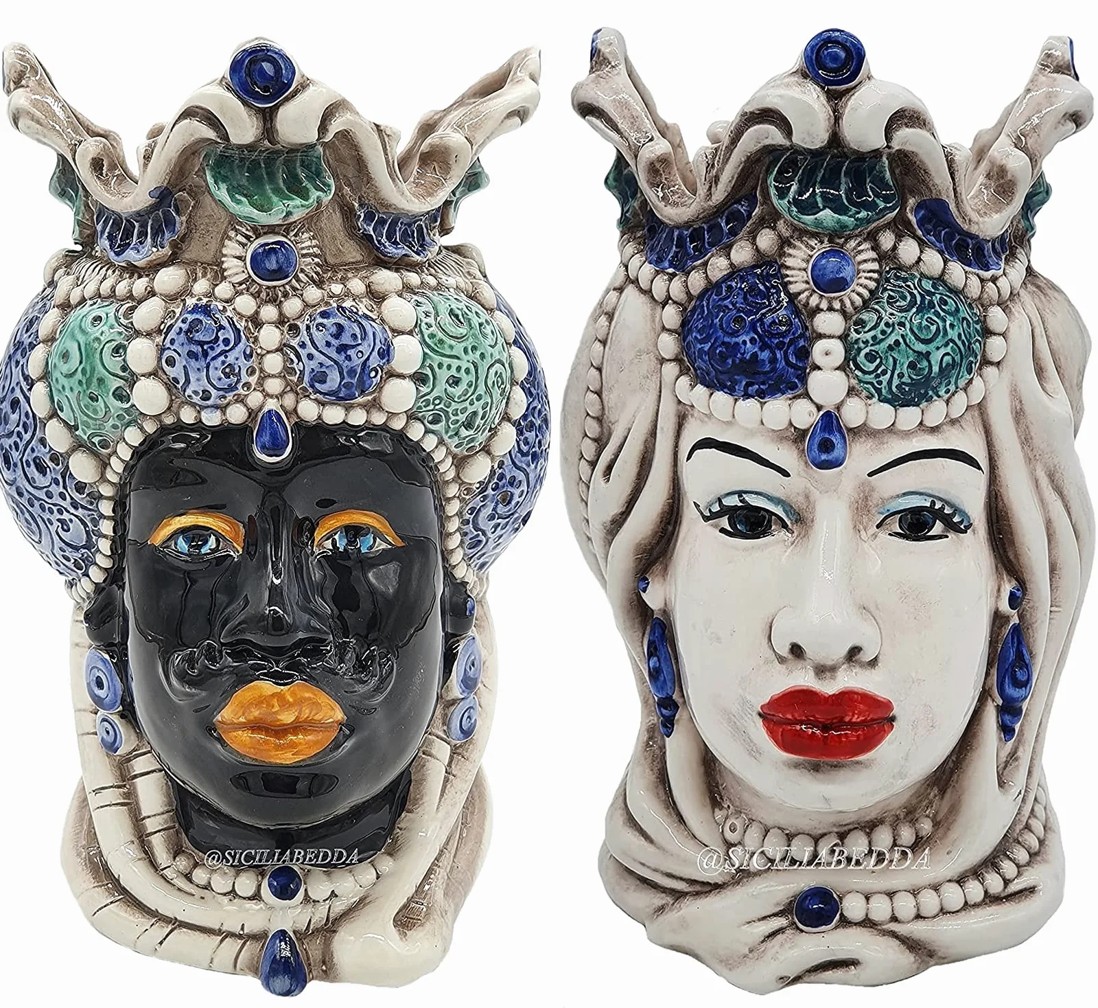 sicilia bedda - Teste di Moro Siciliane in Ceramica di Caltagirone - Realizzato Interamente a Mano - Altezza 18 Centimetri (Coppia Teste di Moro Saraceno Blu)