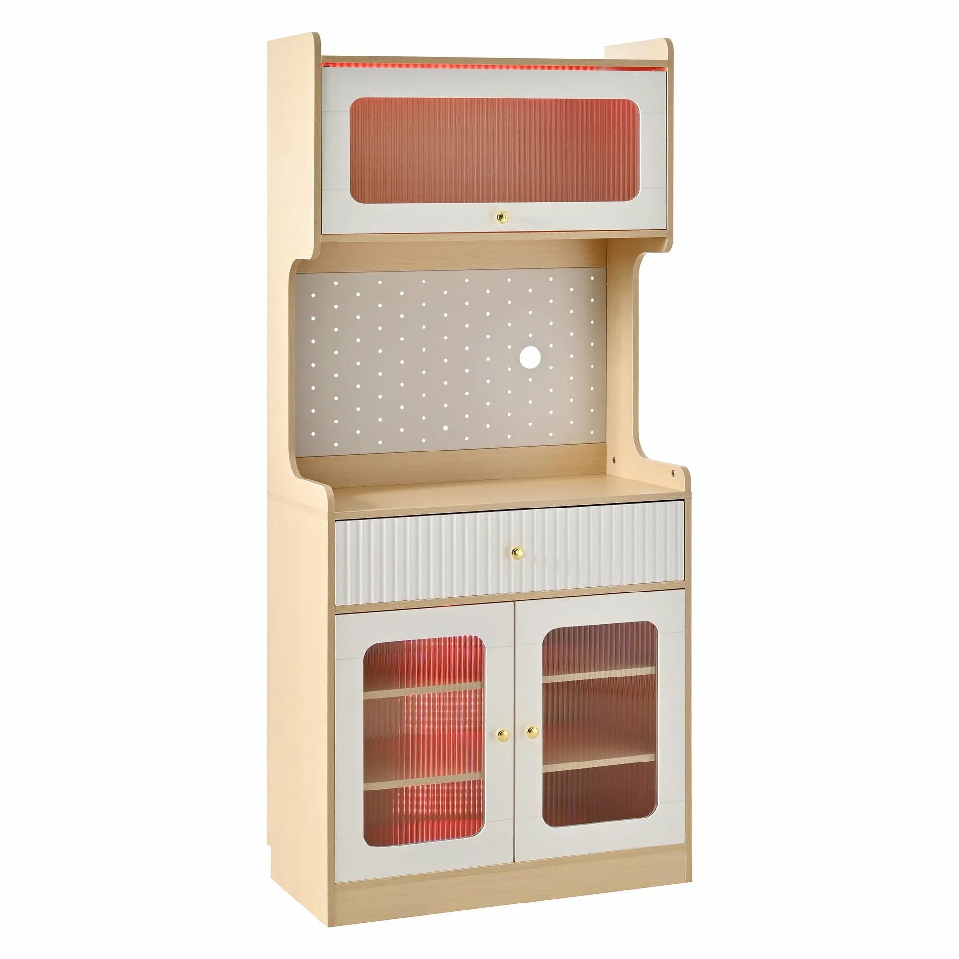 MURUL Highboard naturale/bianco, con LED, vetro scanalato, ripiani regolabili e cassetti, ideale per cucina, sala da pranzo e soggiorno