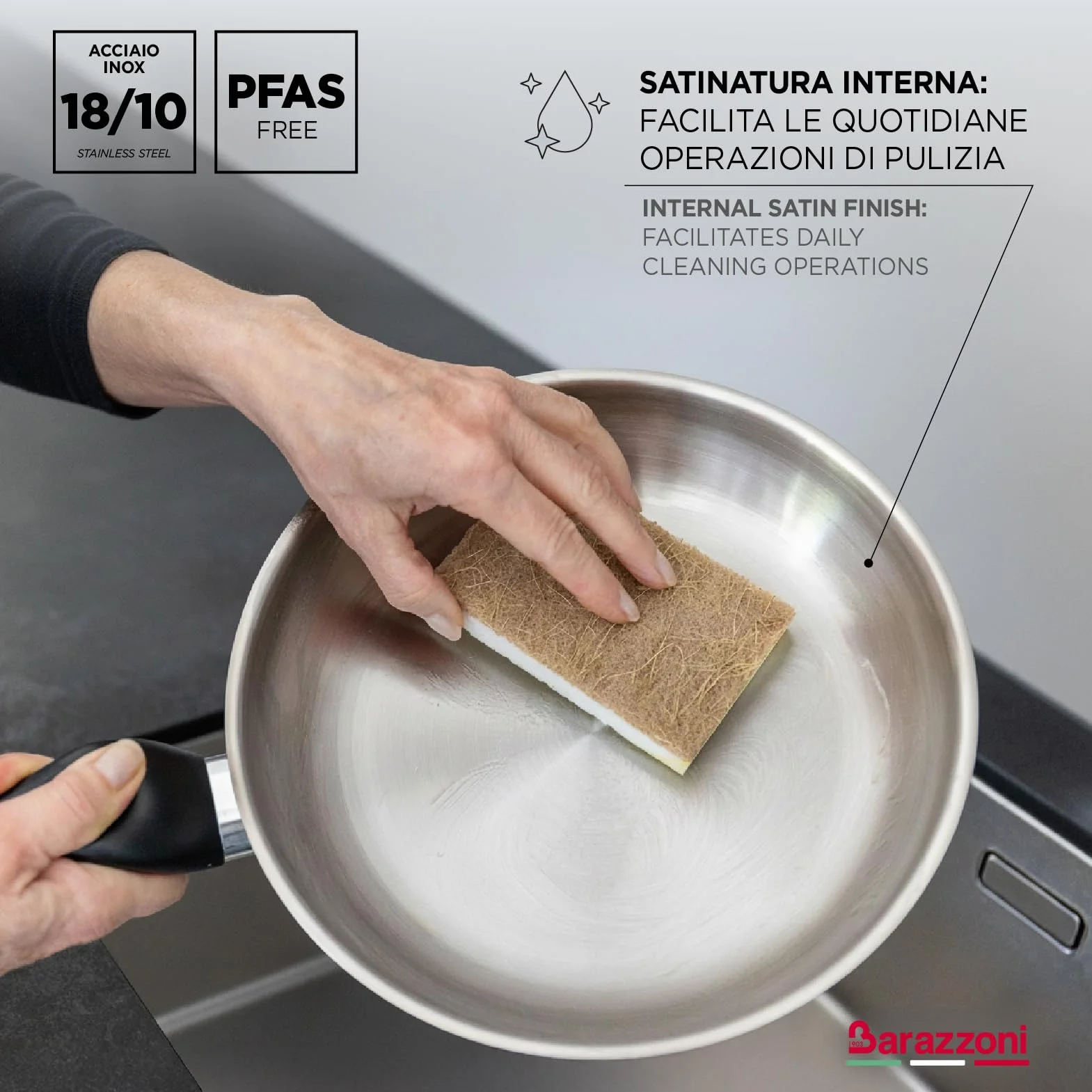 Barazzoni Le Inoxidabili Padella 24 cm Acciaio Inox 18/10 Induzione Gas Triplo fondo PFAS free