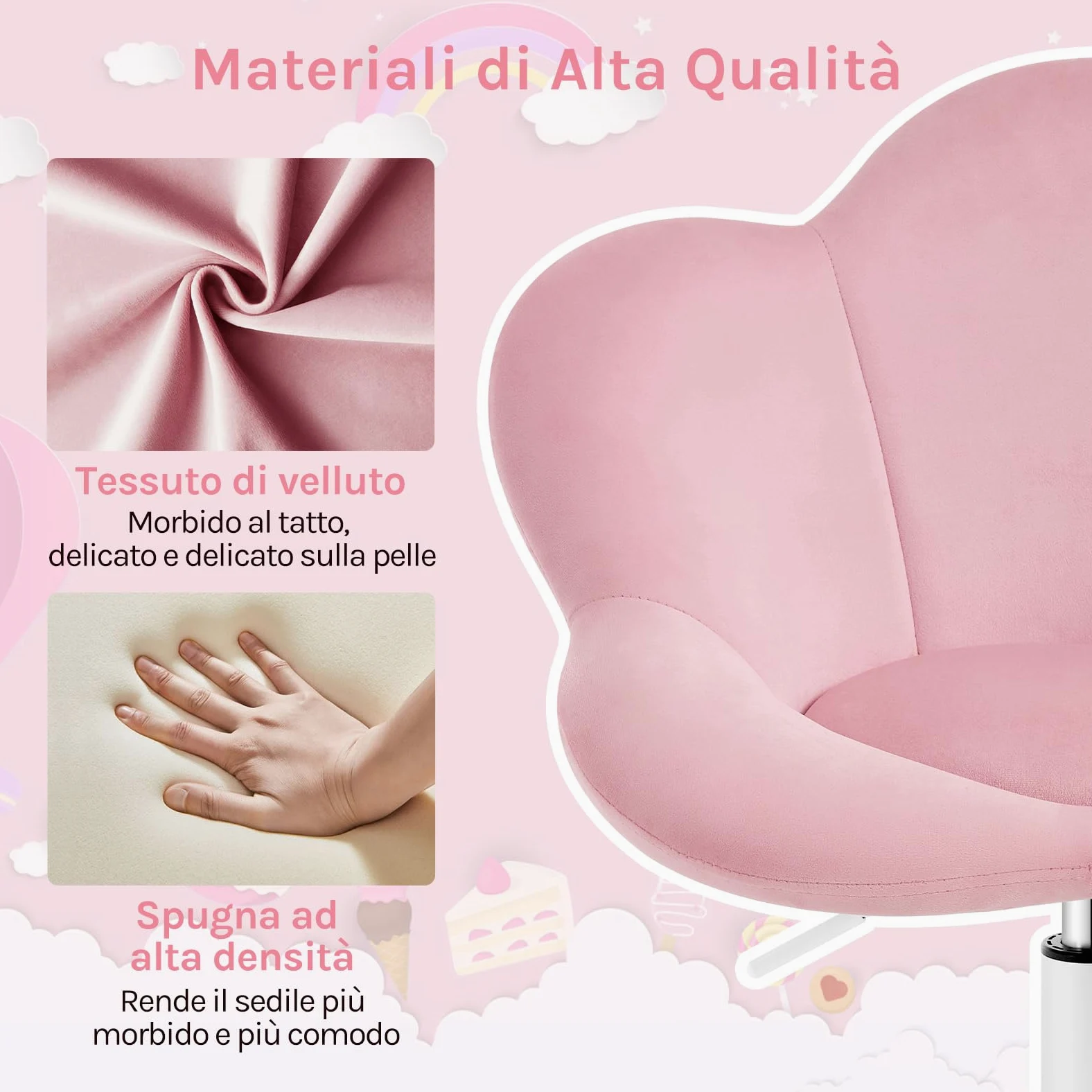 WOLTU Sedia da Scrivania per Bambini, Sedia Ufficio Ergonomica Girevole e Regolabile in Altezza con Rotelle, Seduta a Forma di Fiore per Studio, Camera da Letto, Velluto, Rosa Pastello